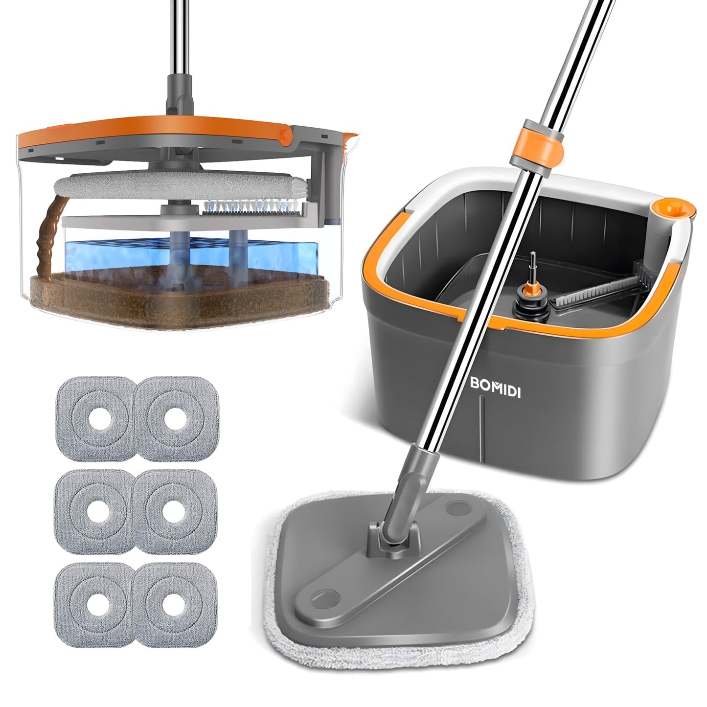Mop and Bucket, Spin Mop with Separate Dirty Water System, Deep-Cleaning Mops for Floors, Versatile Mops for Walls
