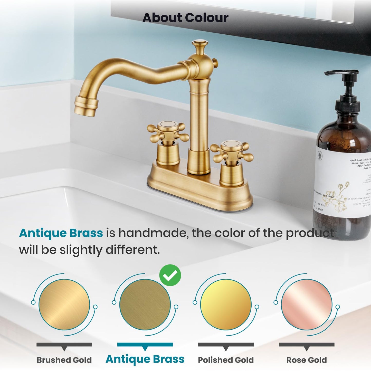 Gotonovo Antique Brass 2 Hole 4 Centerset Bathroom Sink Faucet with Double Cross Handles Deck Mounted Brass Vanity Mixer Tap Utility Include Water Hose, Suitable for 6-12 inch Hole
