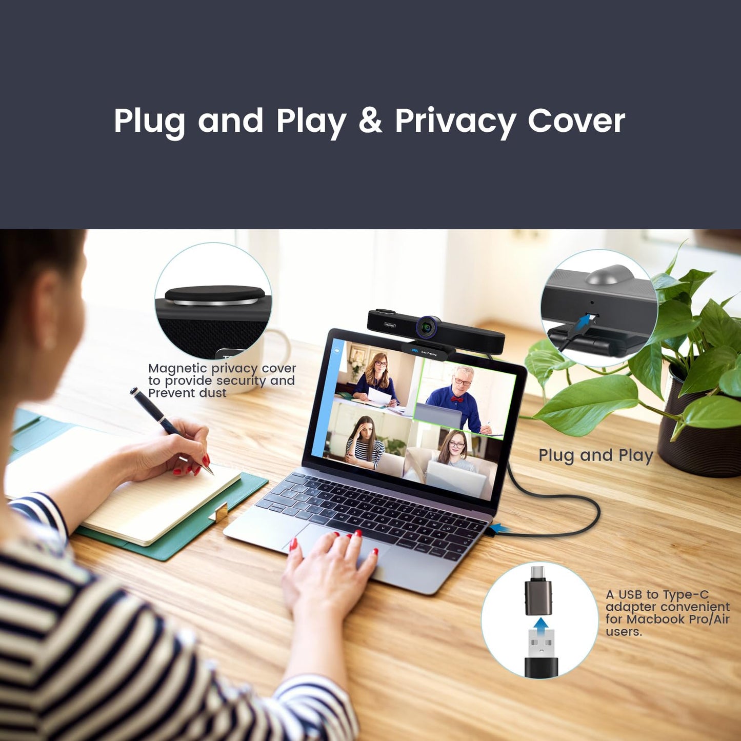 3-in-1 4K Webcam with Microphones and Speaker, AI Auto-Tracking 5X Digital Zoom Webcam 4K Adjustable Field of View Remote Control Works with Microsoft Teams, Zoom, Google Meet, PC Mac Laptop