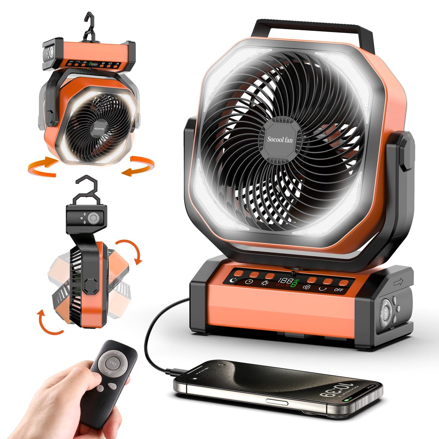 Socool Camping Fan with Light - 20000mAh Rechargeable Battery Fan, 112Hrs Max Run Time, 9 Speeds, Digital Display, Timer, Auto Oscillation, 270° Pivot & Hook for Camping, Power Outage, Hurricane
