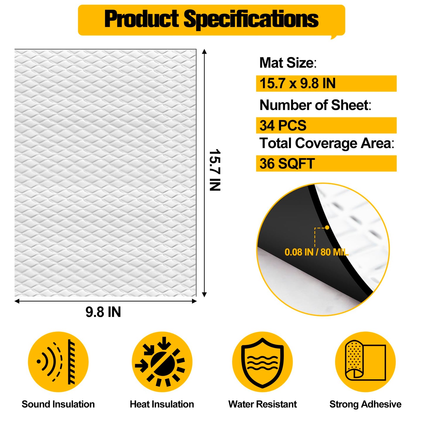 MYFAMIREA 36 sqft Car Sound Deadening, Sound Deading Material Mat for Car 80mil(2mm), Butyl Automotive Sound Deadening with Self-Adhesive, Noise Insulation and Dampening, Auto Deadener for Trunk, 34P
