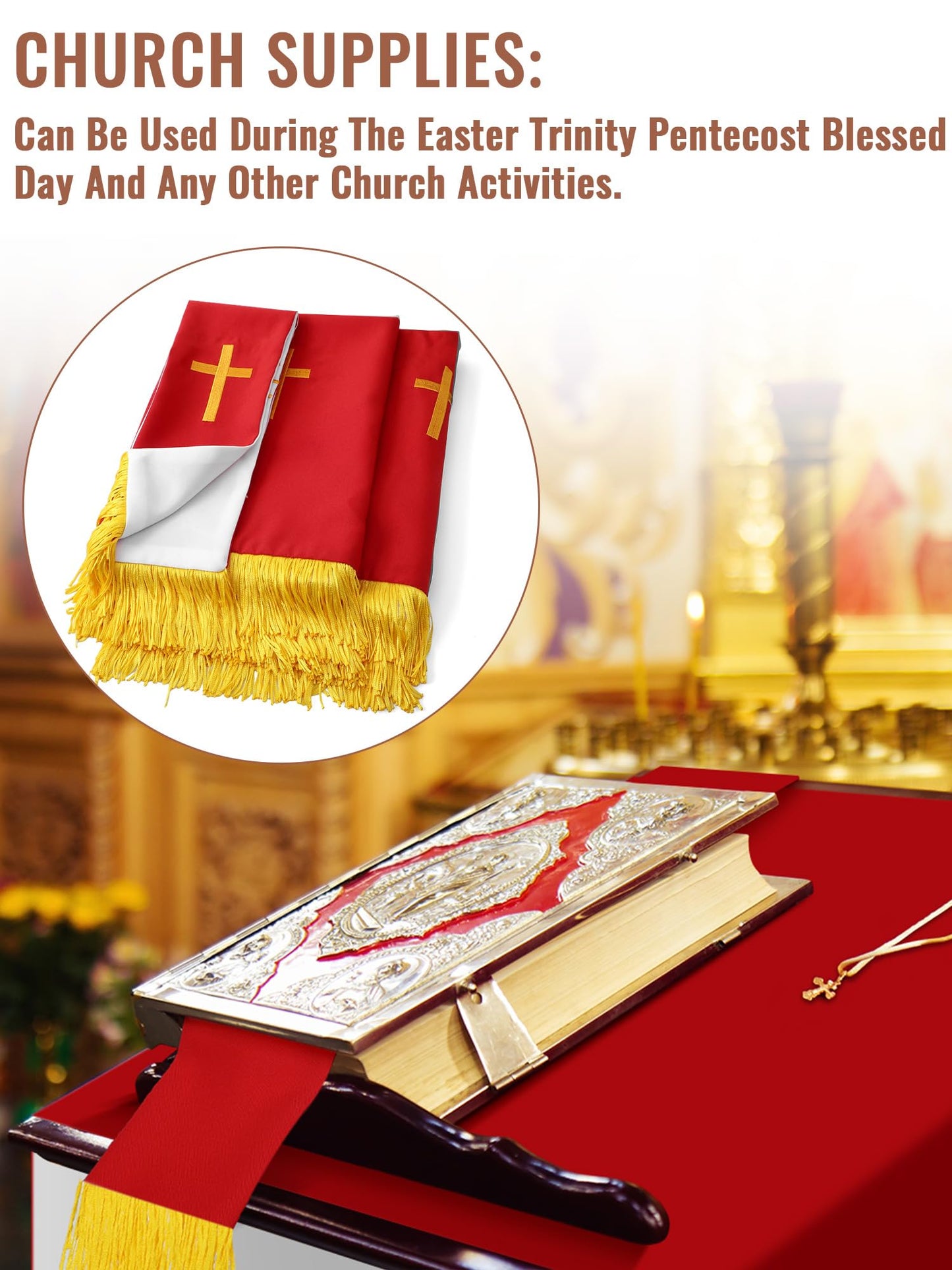Cutecrop Set of 3 Reversible Parament Set Clergy Table Runner Bookmark Pulpit Scarf with Gold Cross Church Pulpit Accessories (Red and White)