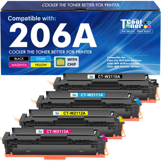 206A Toner Cartridges 4 Pack M283fdw M283cdw Set Compatible for HP 206A 206X 206 Color LaserJet Pro MFP M255dw M283 M255 M255nw Printer High Yield Ink (with Chip) (Black Cyan Yellow Magenta)