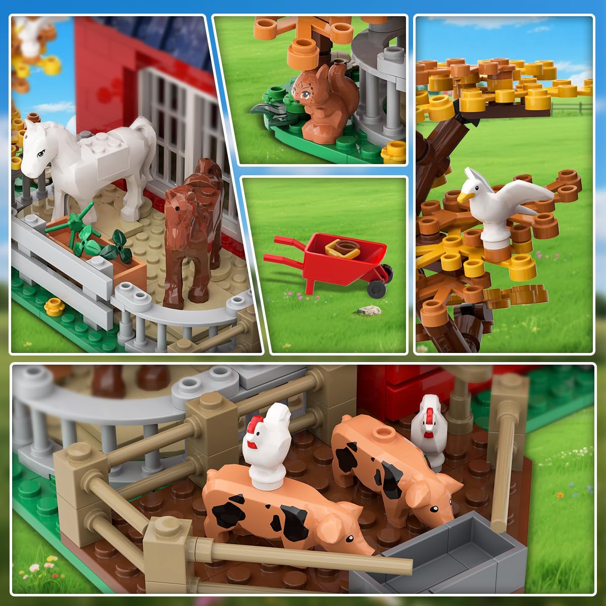 INSOON Western Farm Barn House Building Set with Lights, Newly Enhanced with Reinforced Structure, 1419 PCS Red Barn Building Toy with Animals Horse Tractor Windmill, Gift for Adults Boys Girls 10+
