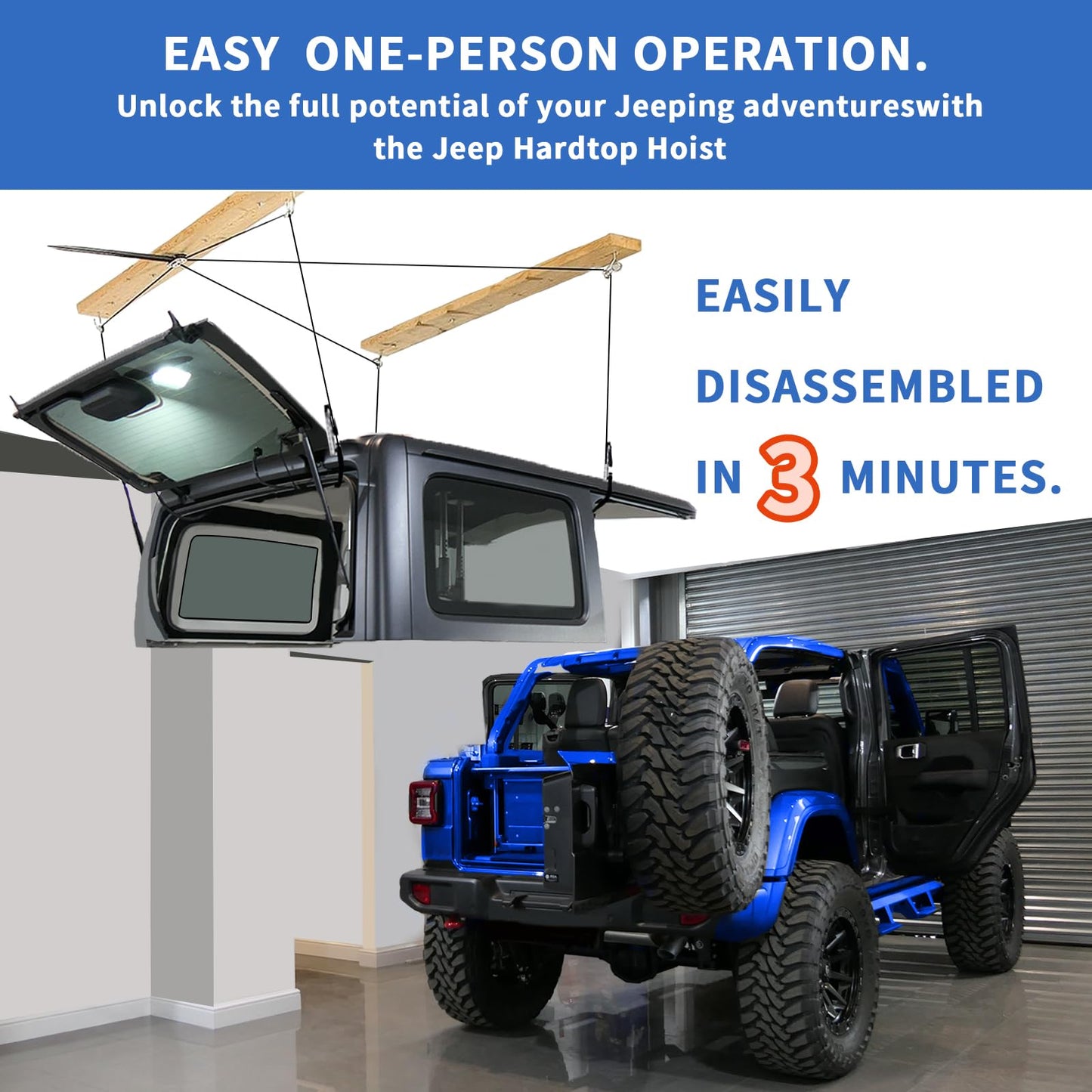 Premium Hard Top Removal Lift Hoist for Jeep Wrangler and Ford Bronco - Self-Leveling Design, Safe Anti-Drop System, Easy One-Person Operation - Supports 8-16 ft. Ceilings - Bonus 6 T Knobs Included