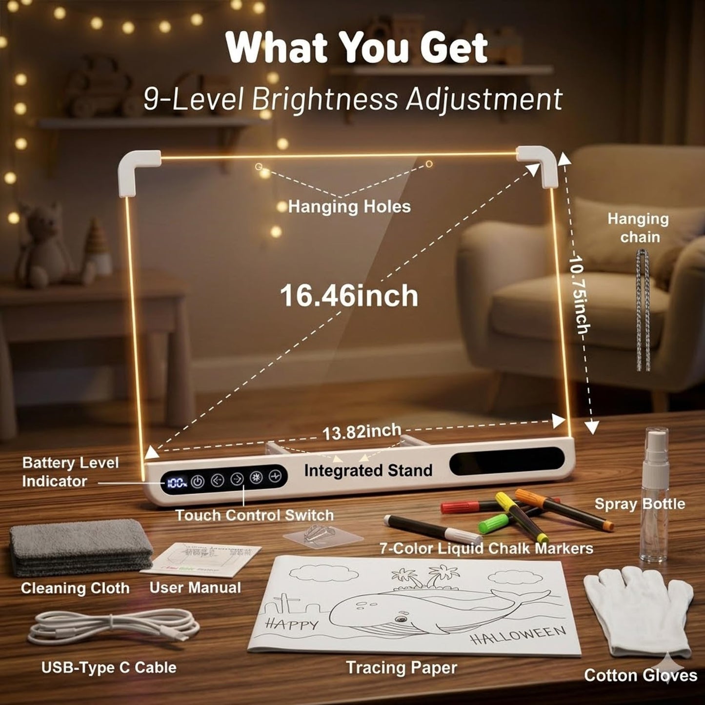 LED Light Up Drawing Board for Kids,16'' LED Note Board with Colors&Dimmable Glow,Scratch-Resistant Acrylic LED Magic Writing Board,Creative Christmas/Birthday Gift for Kids (Digital Touch Control)