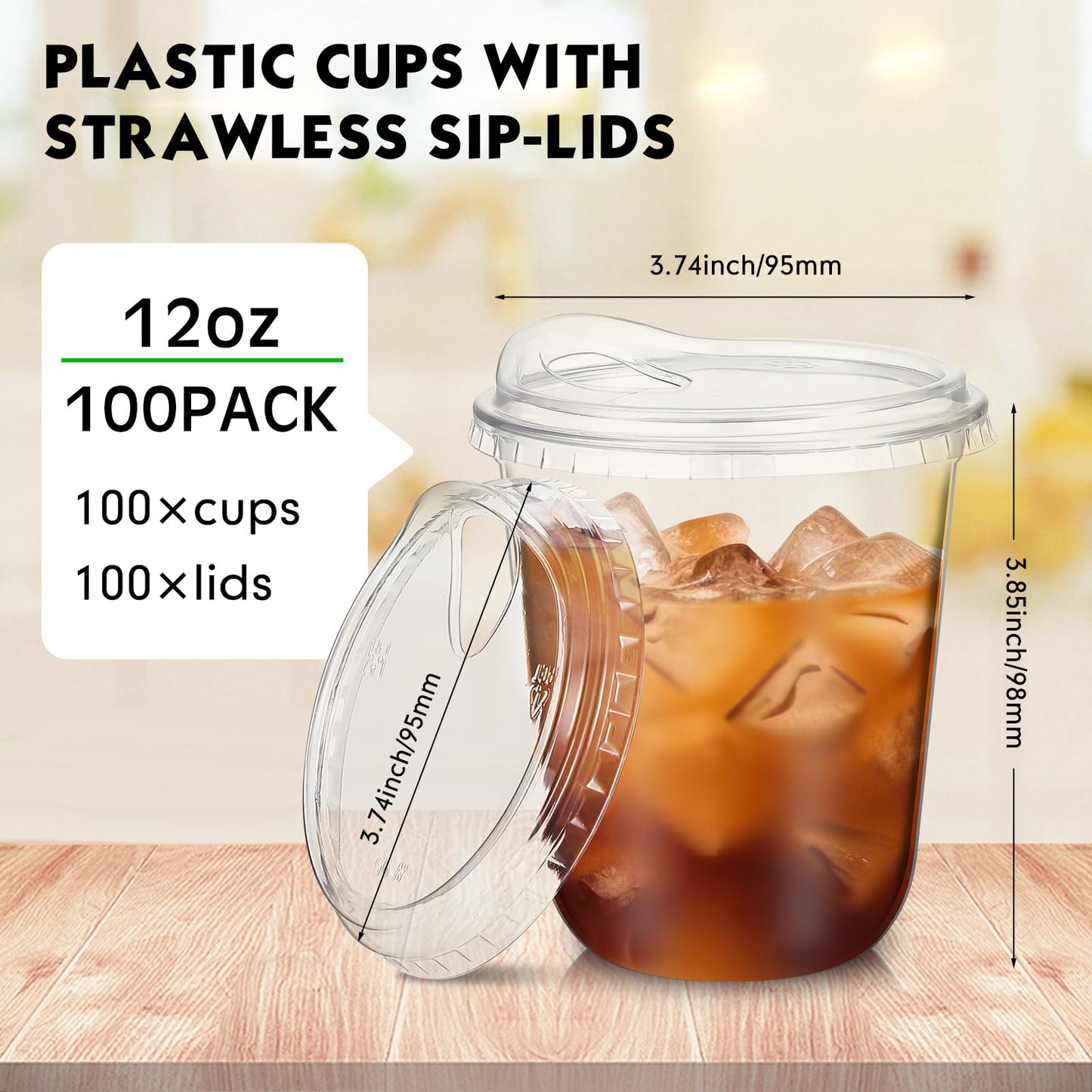 Baderke Clear Plastic Cups with Strawless Sip Lids Disposable Round Bottom Togo Cups for Coffee Smoothie Cold Beverage Coffee Shops and Party Catering(12 oz,100 Pcs)