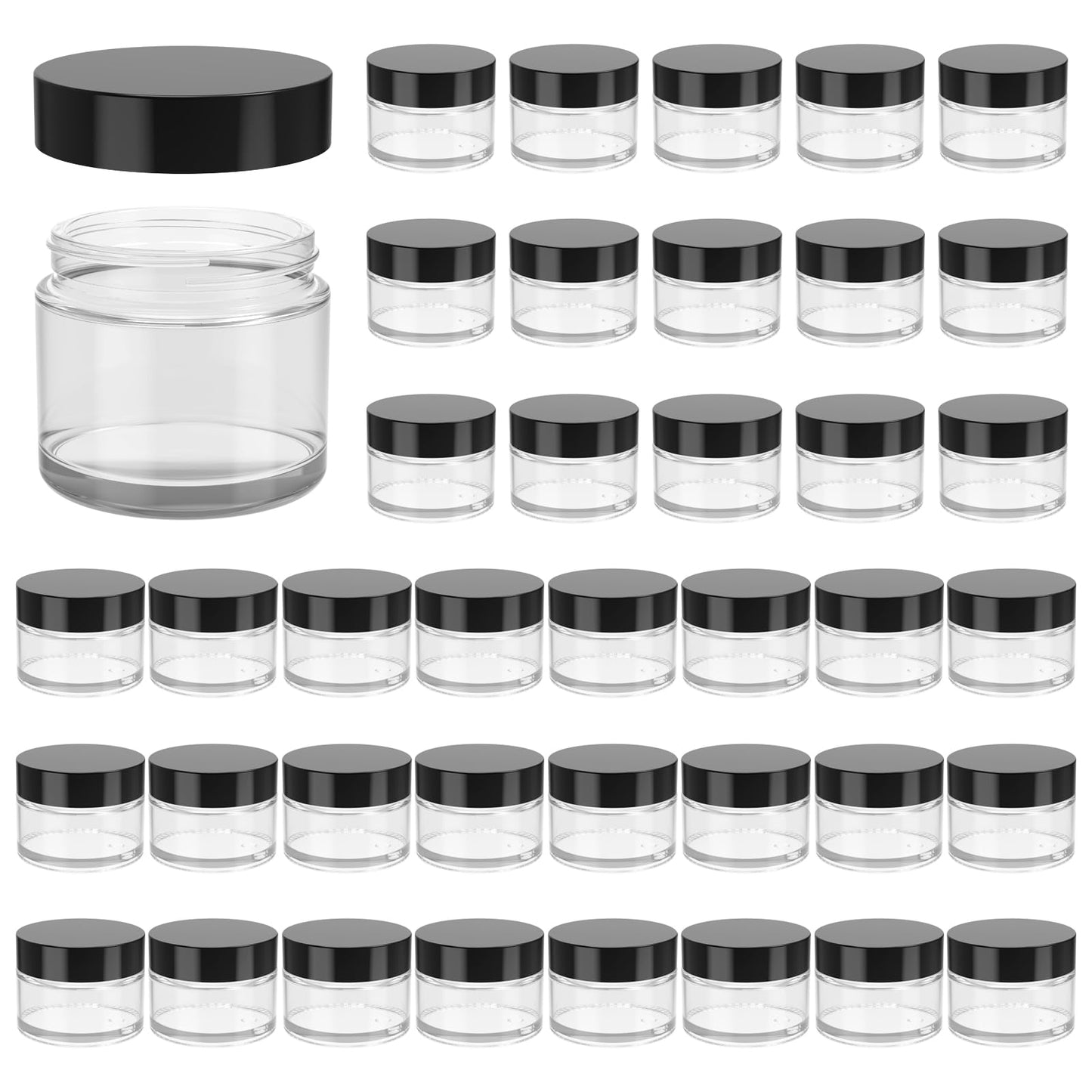 2oz Jars with Lids, HOA Kinh 40 Pack Clear Glass Jars with Lids Empty Cosmetic Containers Round Airtight Glass Jar with Black Lid for Storing Lotions Powders Ointments