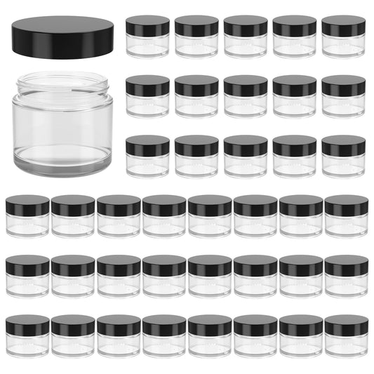 2oz Jars with Lids, HOA Kinh 40 Pack Clear Glass Jars with Lids Empty Cosmetic Containers Round Airtight Glass Jar with Black Lid for Storing Lotions Powders Ointments