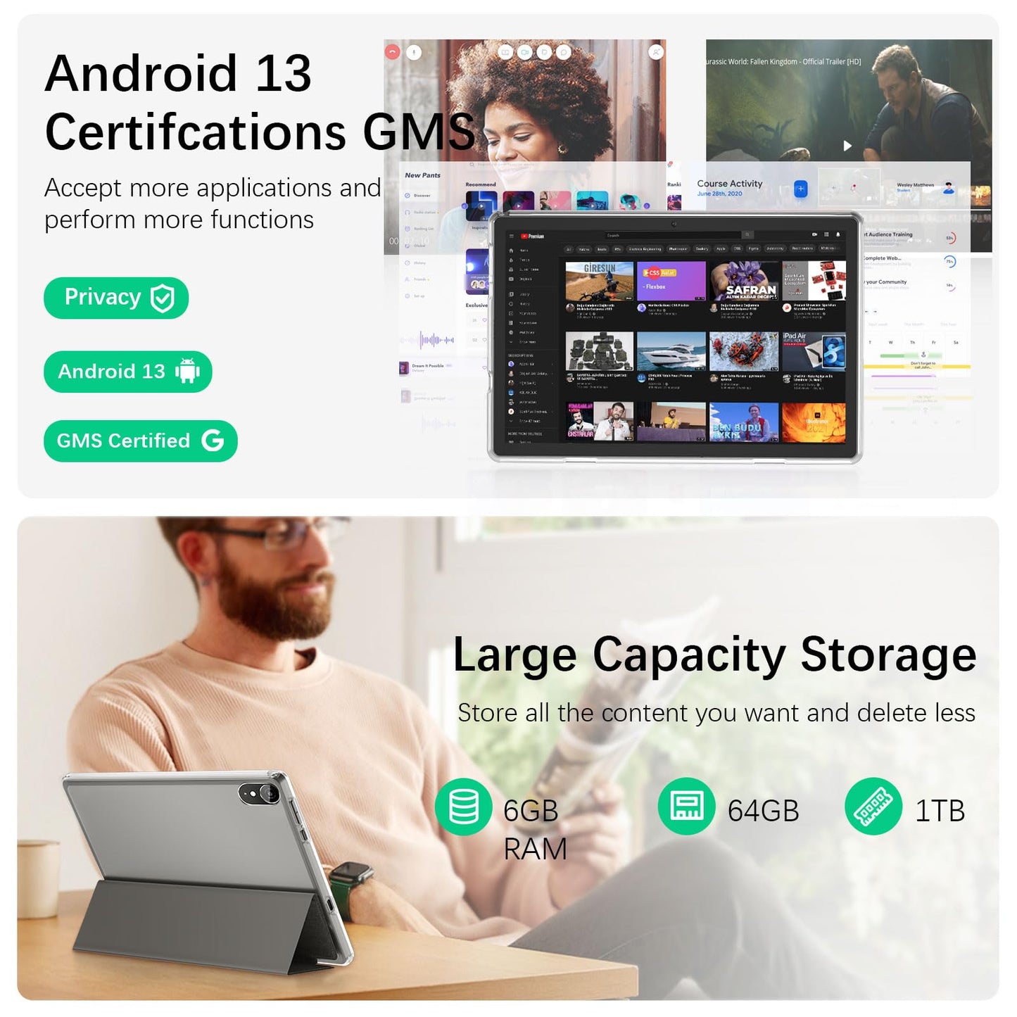 10 inch Android 13 Tablet, 6GB RAM 64GB ROM 1TB Expand, 2 in 1 Tablets with Keyboard, Case, Mouse, Stylus, 1280x800 IPS Touch Screen, 2.0GHz Quad-Core, WiFi 6, Bluetooth5.0, Dual Camera (Gray)