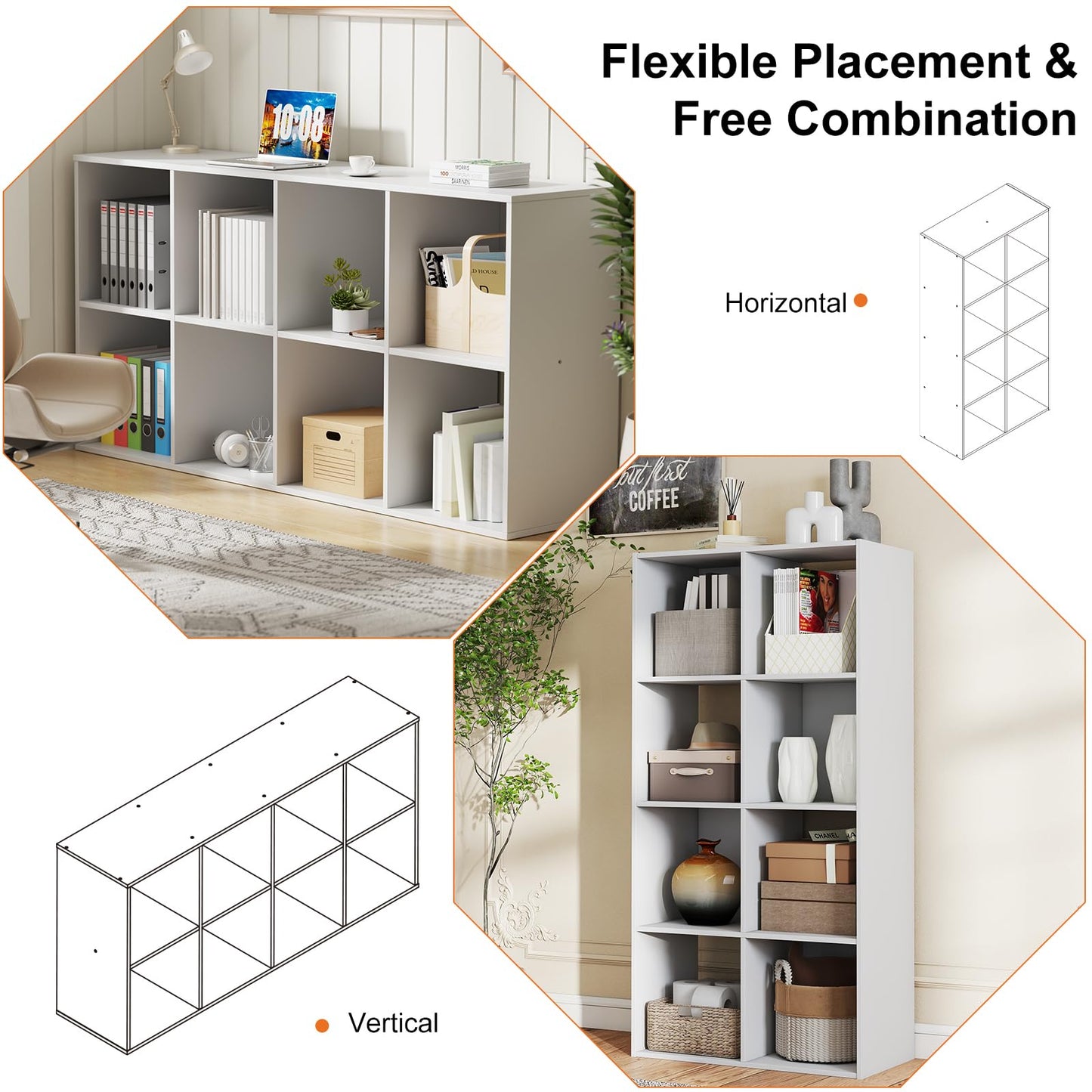 Sweetcrispy 8 Cube Storage Organizer - Open Cube Bookshelf with 4 Removable Back Panels, Display Storage Bookcase for Living Room, Bedroom, Entrance Hall, Home Office, 47.7" Lx11.6 Wx24 H, White