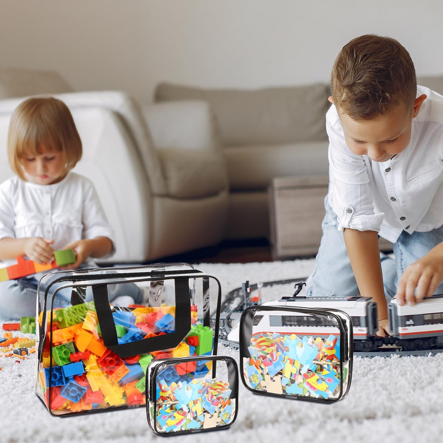 18 Packs Toy Storage Bags with Labels, Clear PVC Puzzle Storage Bags, Waterproof Travel Toy Organizer Bags with Zipper for Building Blocks Kids Books (3 Size)