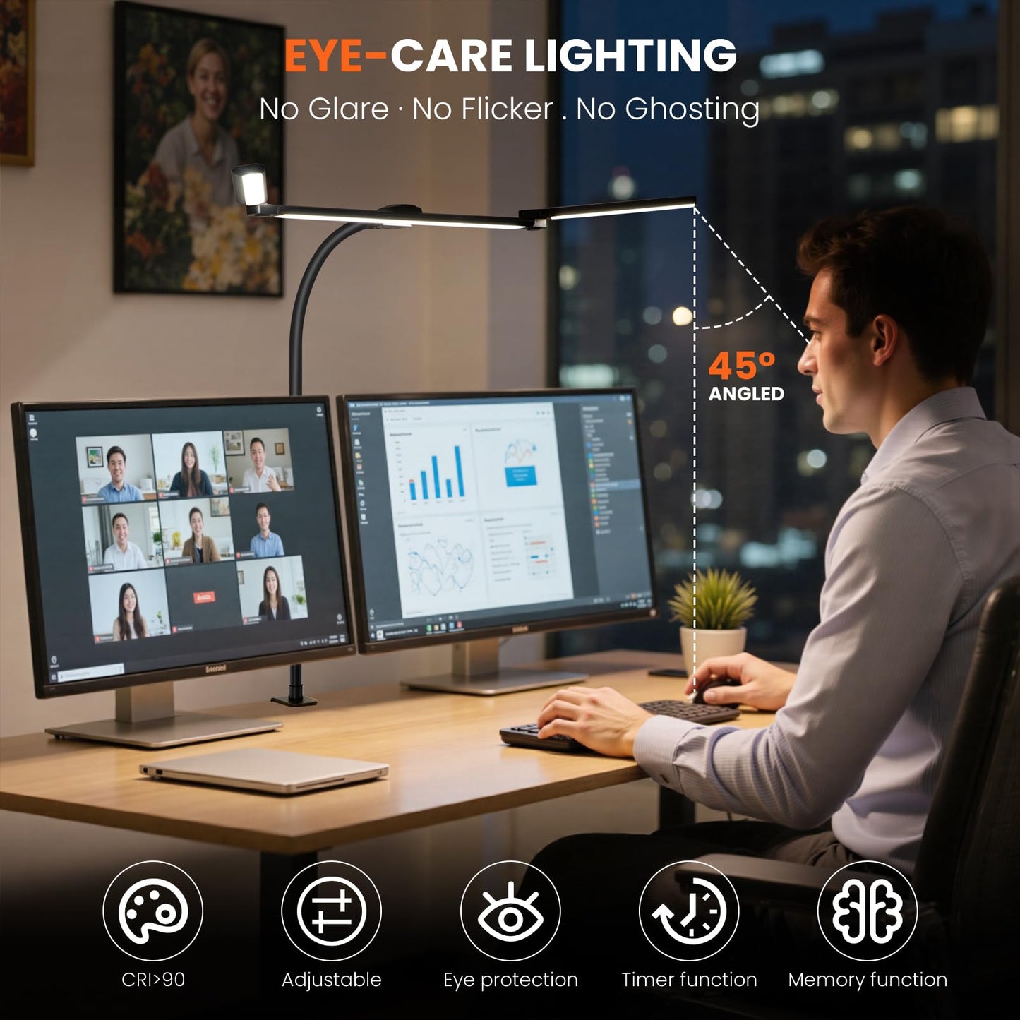 LED Desk Lamp for Office Home, 3 Head Adjustable Computer Monitor light Bar Stepless Dimming, Eye Caring Architect Desk Lamp Table Lamp Clip on Desk Light with Clamp for Reading Study Workbench Black