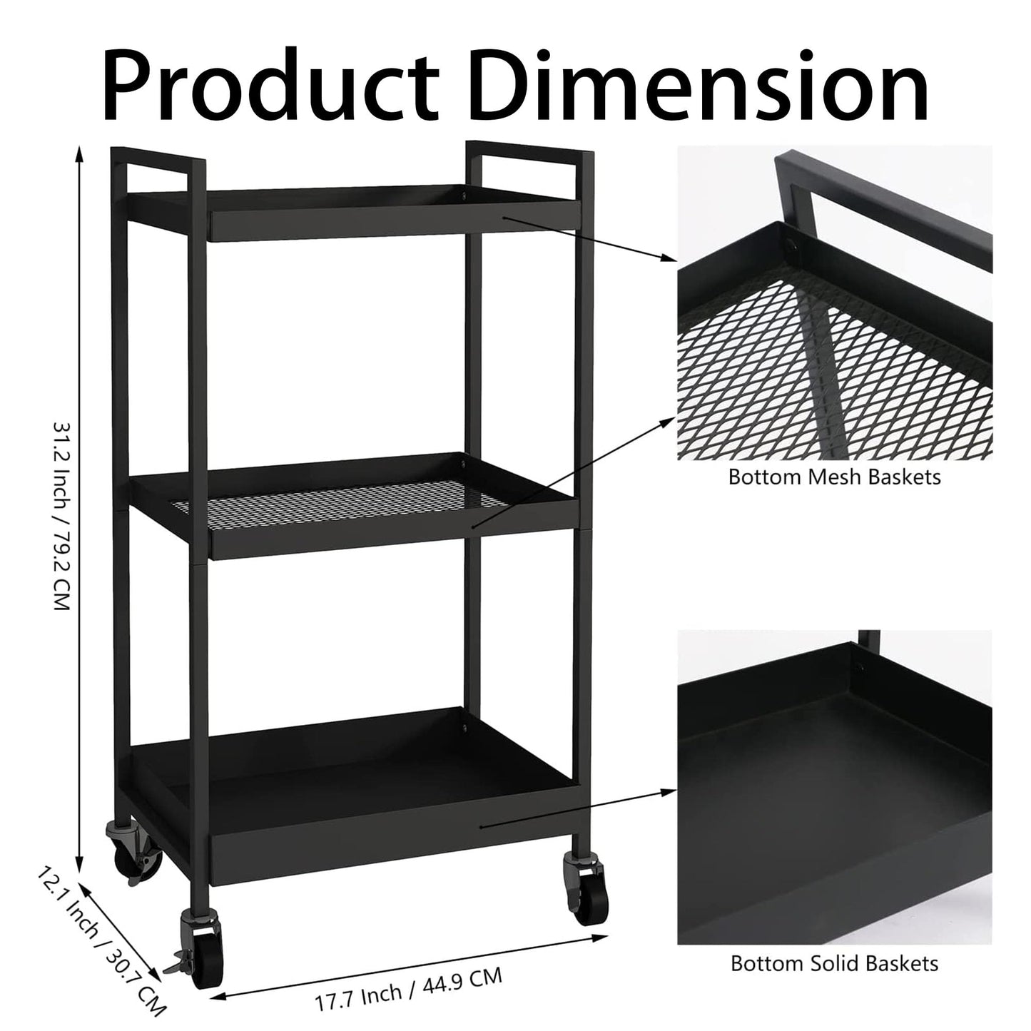 3-Tier Metal Cart with Wheels, Three Tier Rolling Cart,Utility Cart on Wheels Suitable for Office, Bathroom, Kitchen - Black (12.1" D x 17.7" W x 31.2" H