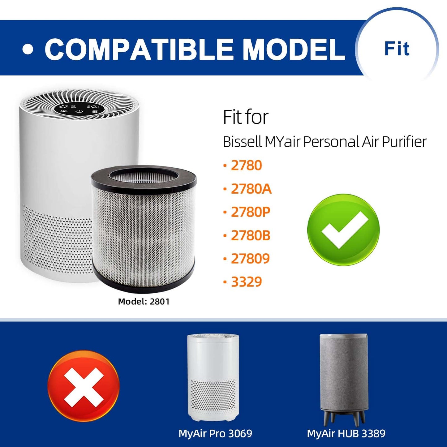 2801 Replacement Filter Compatible with Bissell MYair Personal Air Purifiers 2780 2780A 2780B 2780P and 27809 - Compare to My Air Part 2801, High Efficiency Activated Carbon Filters (4 Pack)
