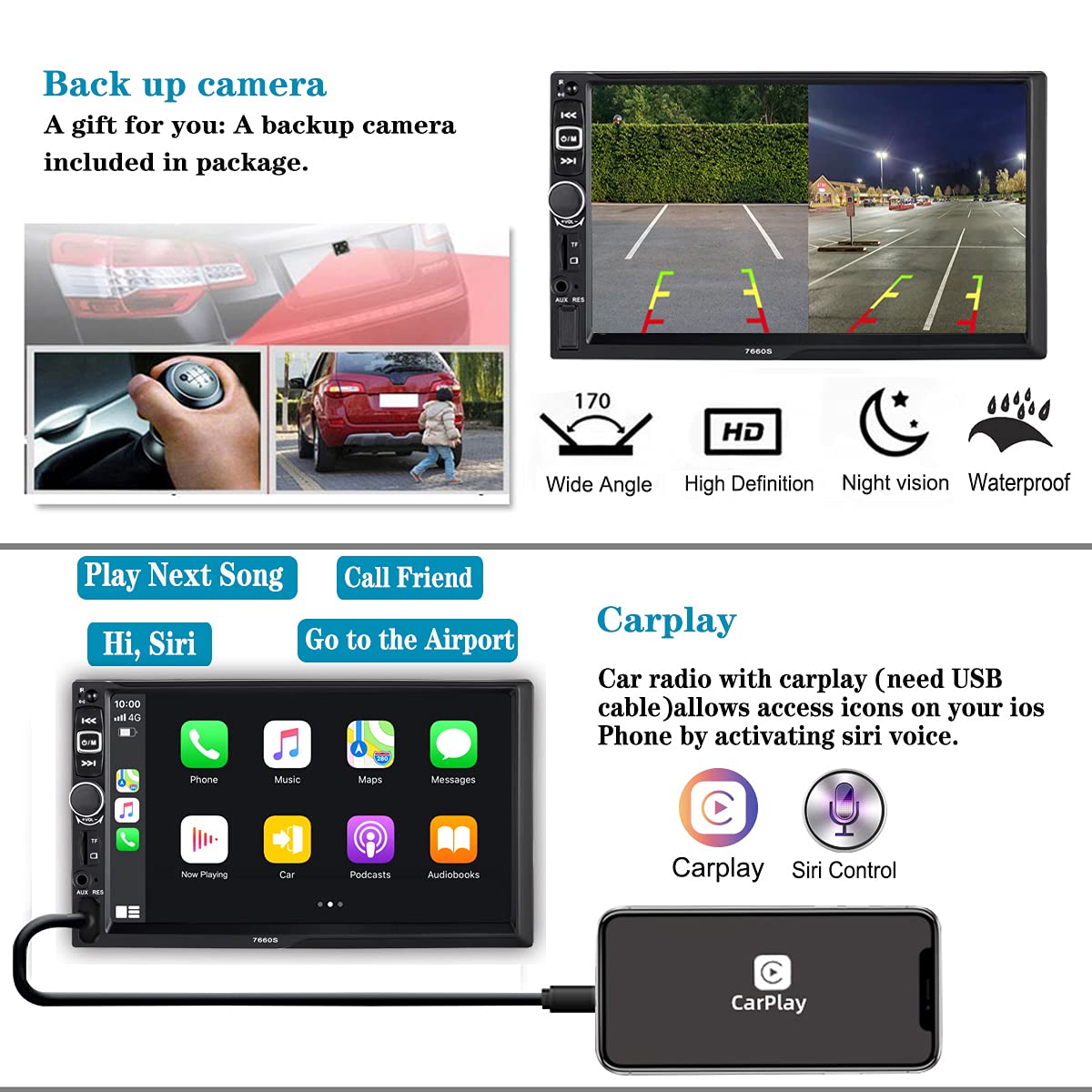 Double Din Car Stereo Radio Compatible with Apple Carplay and Android Auto, 7-Inch HD Touchscreen with Voice Control, Mirror Link, Backup Camera, Steering Wheel, Bluetooth, FM, USB/TF/AUX Port