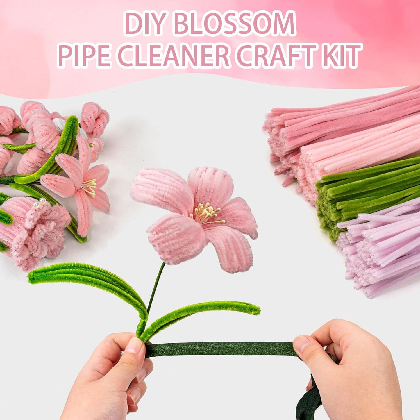 Homxzioa 500 Pcs Pipe Cleaner Flower Kit, Chenille Stems Craft for DIY Flower Making, Pipe Cleaners Bulk Kit with Green Floral Wires,Gardening Tape,Stamen