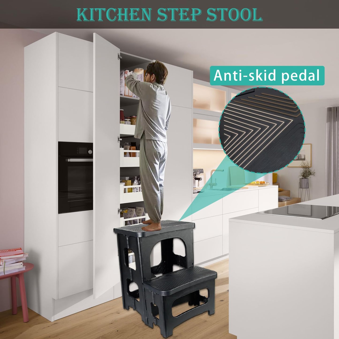 MavHubrix 2-Step Folding Stool Ladder,Non-Slip Portable Collapsible Step Stool for Kitchen Bathroom Home RV Closet Office, 16.5" Heights, Holds 300 lbs,Foldable Lightweight Design only 4.6Ibs (Black)