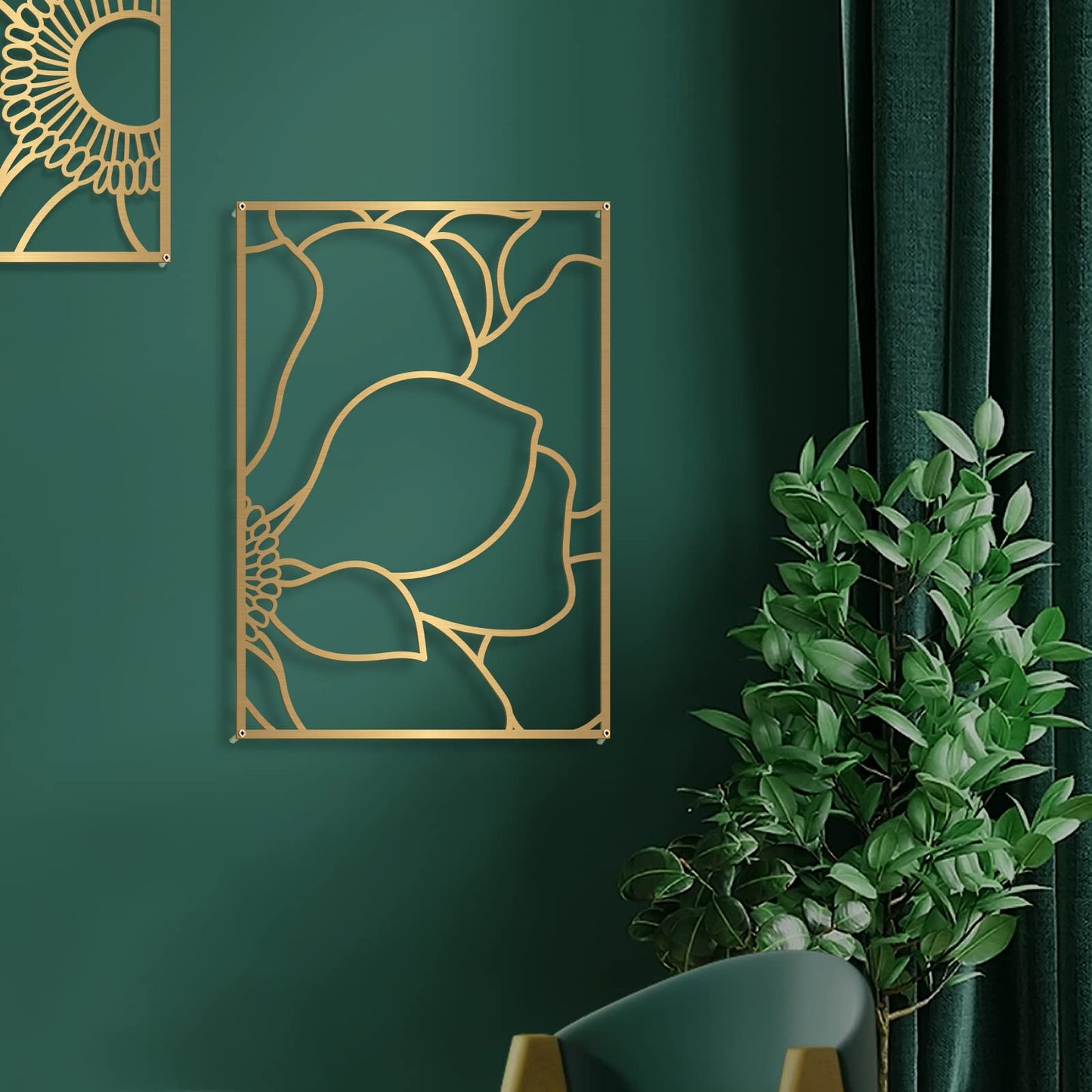 Glamativity 4 Pack Gold Wall Art, Flower Minimalist Single Line Art, Real Metal Nature Floral Abstract Wall Decor for Kitchen Bedroom Living Room
