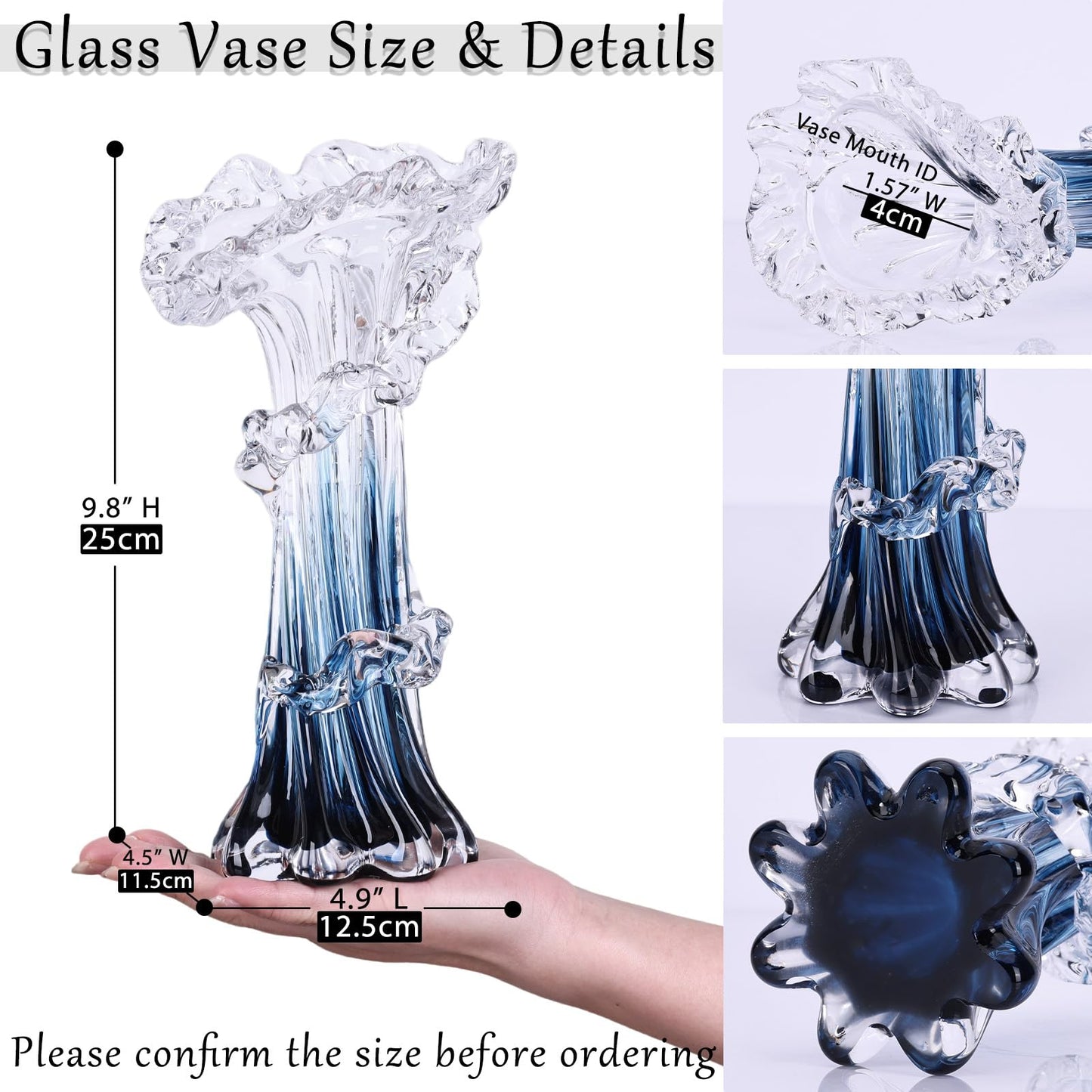 Hand Blown Blue Glass Vase, Unique Art Beautiful Ocean Glass Vase for Coastal Home Decor, Coffee Table, Living Room, Office Decor - 9.8" H (Medium)