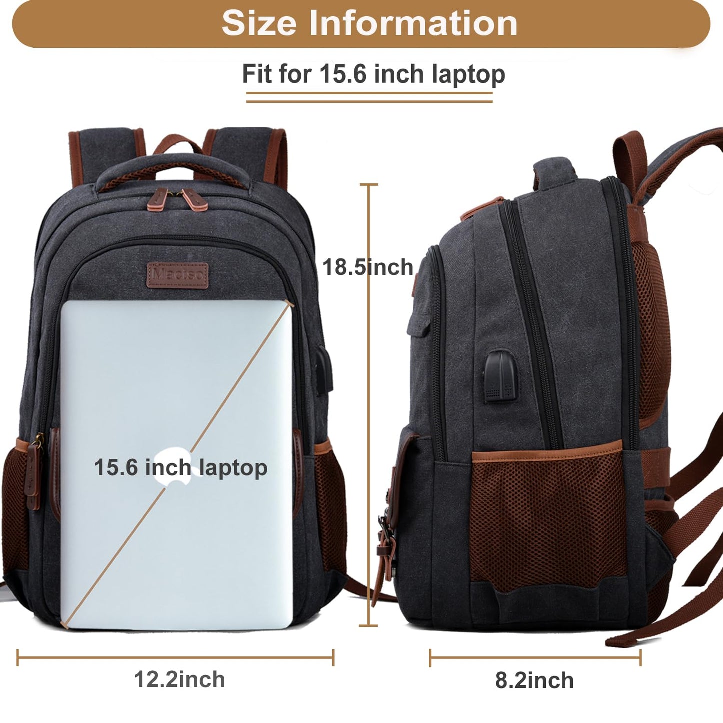 Mactso Canvas Travel Laptop Backpack for Men Women, Business Work Rucksack College School Computer Bag Fits 15.6 Inch Notebook,Bookbag with USB Charging Port (Black, 15.6 Inch)