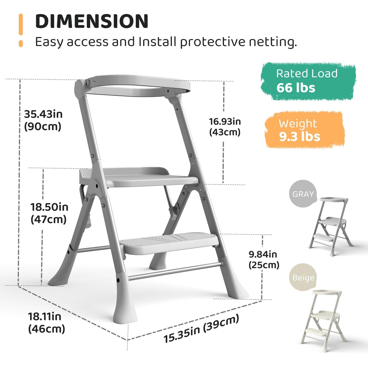 Toddler Tower, Non-Folding Structure for Maximum Stability, Kitchen Stool Helper with Anti-Tipping Structure and Safety Net, Ultra-Secure, Ideal for Toddlers 18 Months to 4 Years, Gray