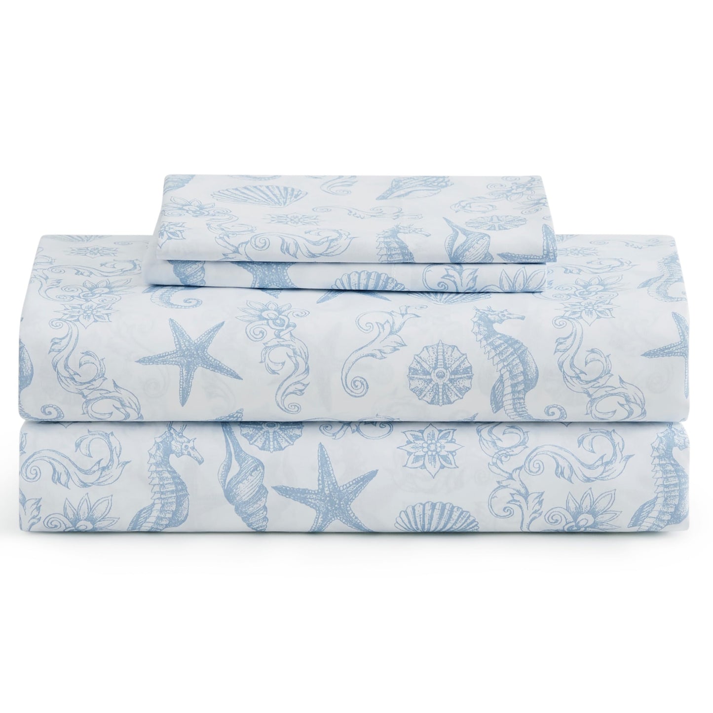 Caribbean Joe Coastal Print Microfiber Sheet Set, Soft, Comfy, 12" Deep Pockets, 4-Piece Full, Coastal Brocade