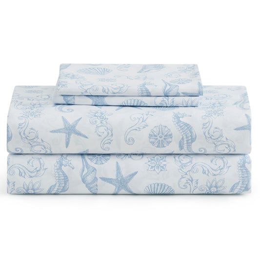 Caribbean Joe Coastal Print Microfiber Sheet Set, Soft, Comfy, 12" Deep Pockets, 4-Piece Full, Coastal Brocade