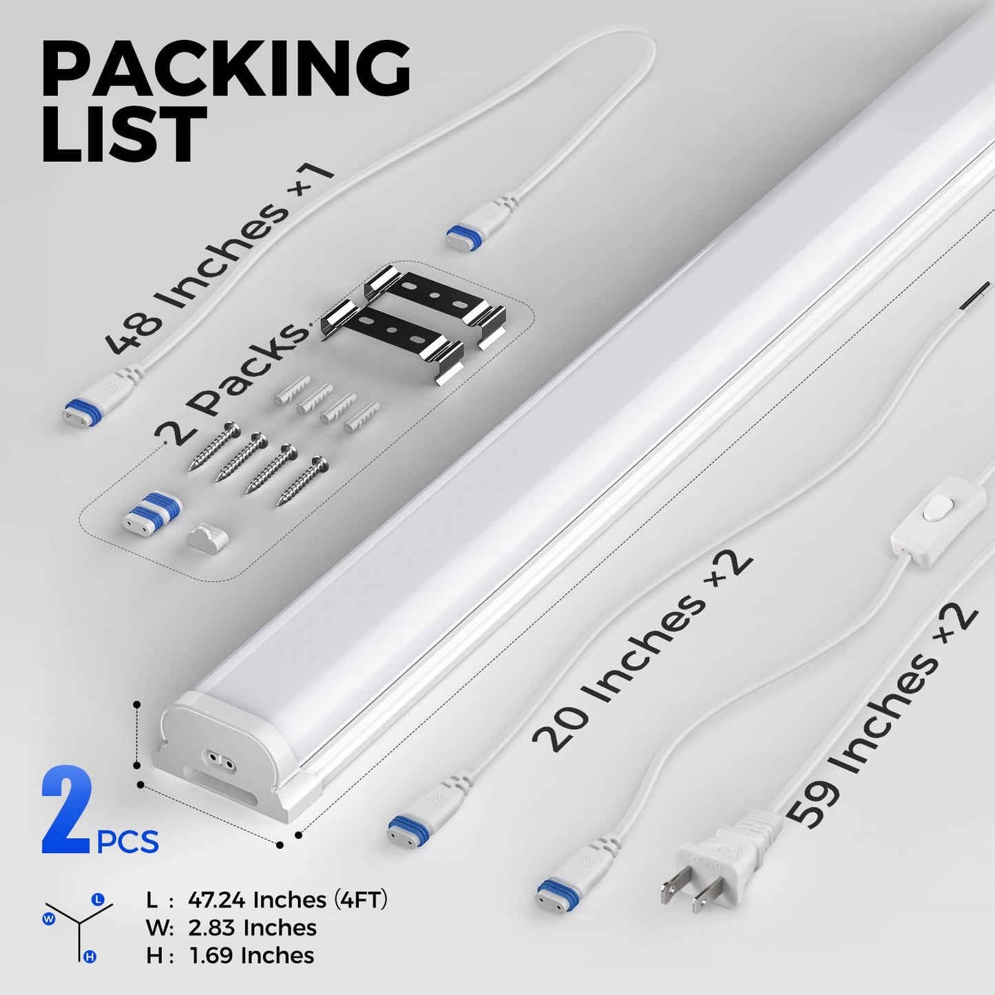 Barrina LED Shop Lights for Workshop 4FT, 5000K Daylight White, 45W, 5000LM, Hidden Wiring, Linkable 4FT Light Fixture Cord with ON/Off, Frosted Cover, LED Ceiling Light for Garage, Kitchen, 2 Packs