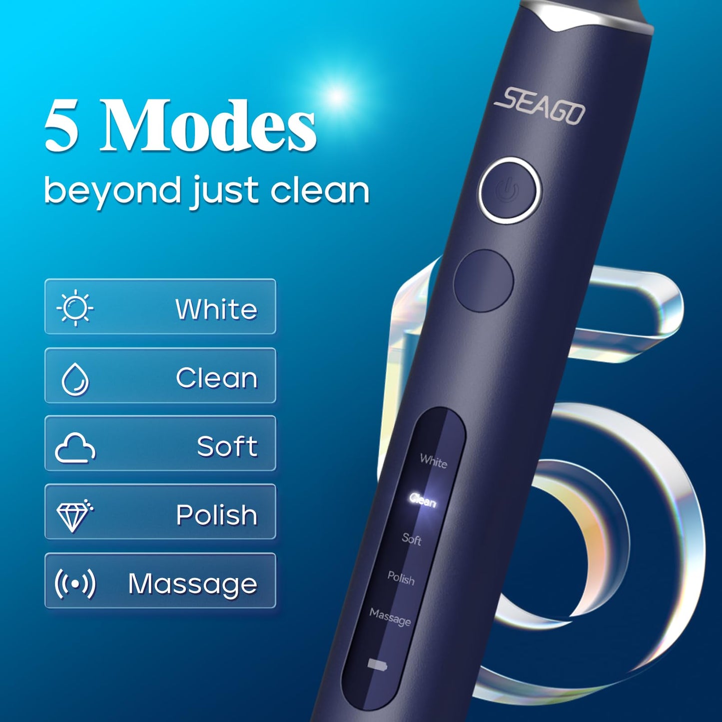 SEAGO Rotating Electric Toothbrush with 8 Round Brush Heads, with 5 Cleaning Modes, Sonic Technology Whitening Teeth in 14 Days, for Adult and Kids, SG-2603 (Blue)