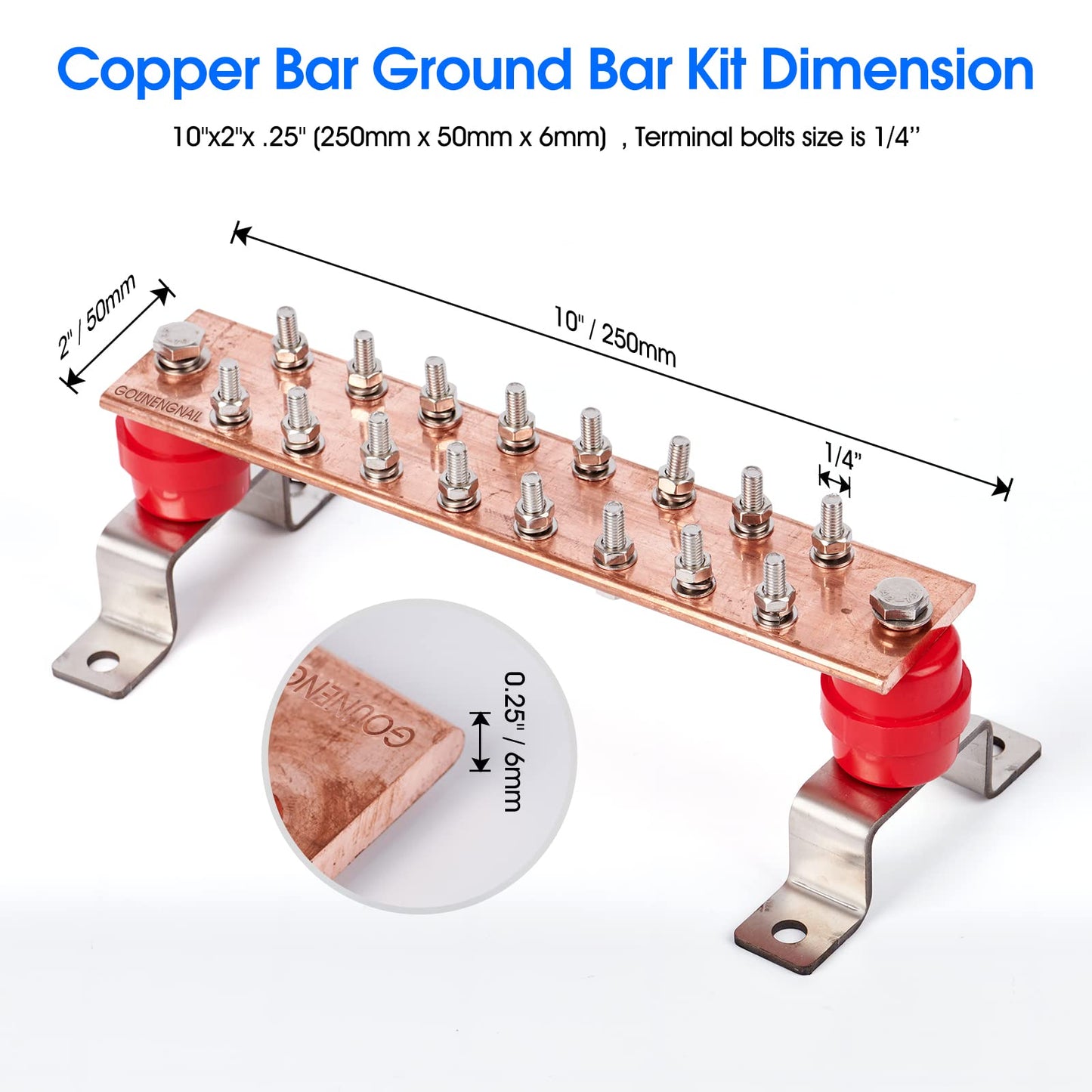 GOUNENGNAIL- 10" Copper Ground Bar Kit,900A Grounding Busbar Bar with UL Recognized SM40 Insulators Rated Uimp up to 7.2KV