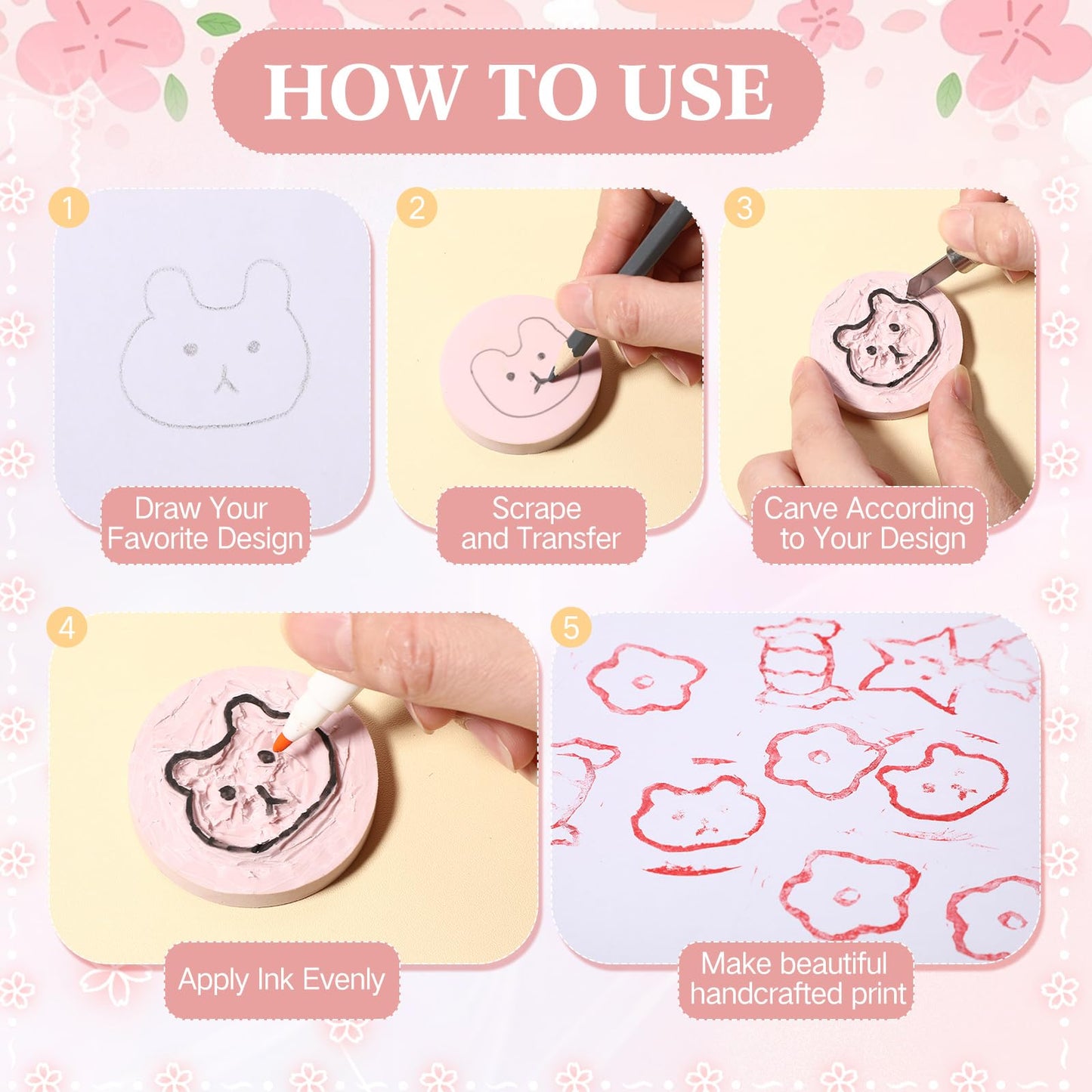 Innconee 36 Pcs Rubber Stamp Carving Blocks Pink Soft Linoleum Blocks Round Square Rectangle Carving Kit for Stamp Soft Rubber Crafts and DIY Craft Project