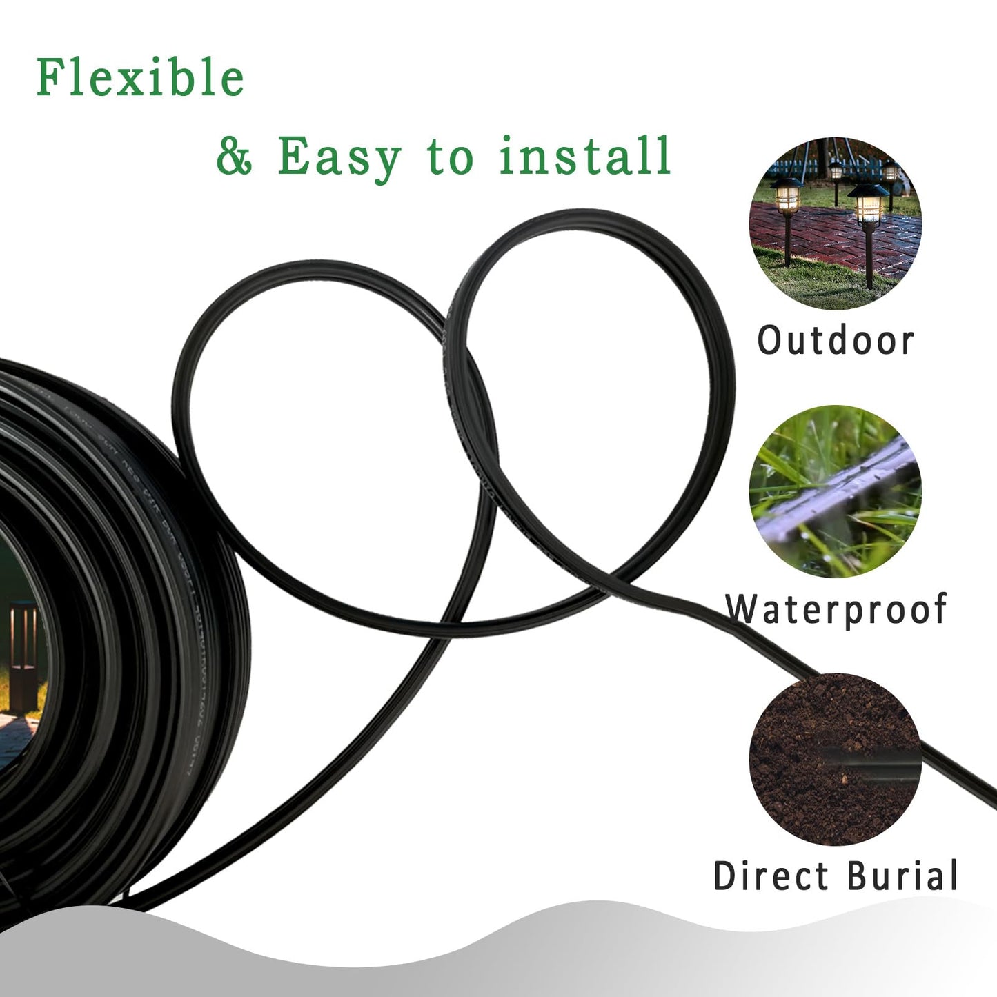 FRUDRIK Low Voltage Landscape Lighting Wire - Outdoor Direct Burial Underground Low-Energy Circuit Cable (14/2 Black, 100ft)
