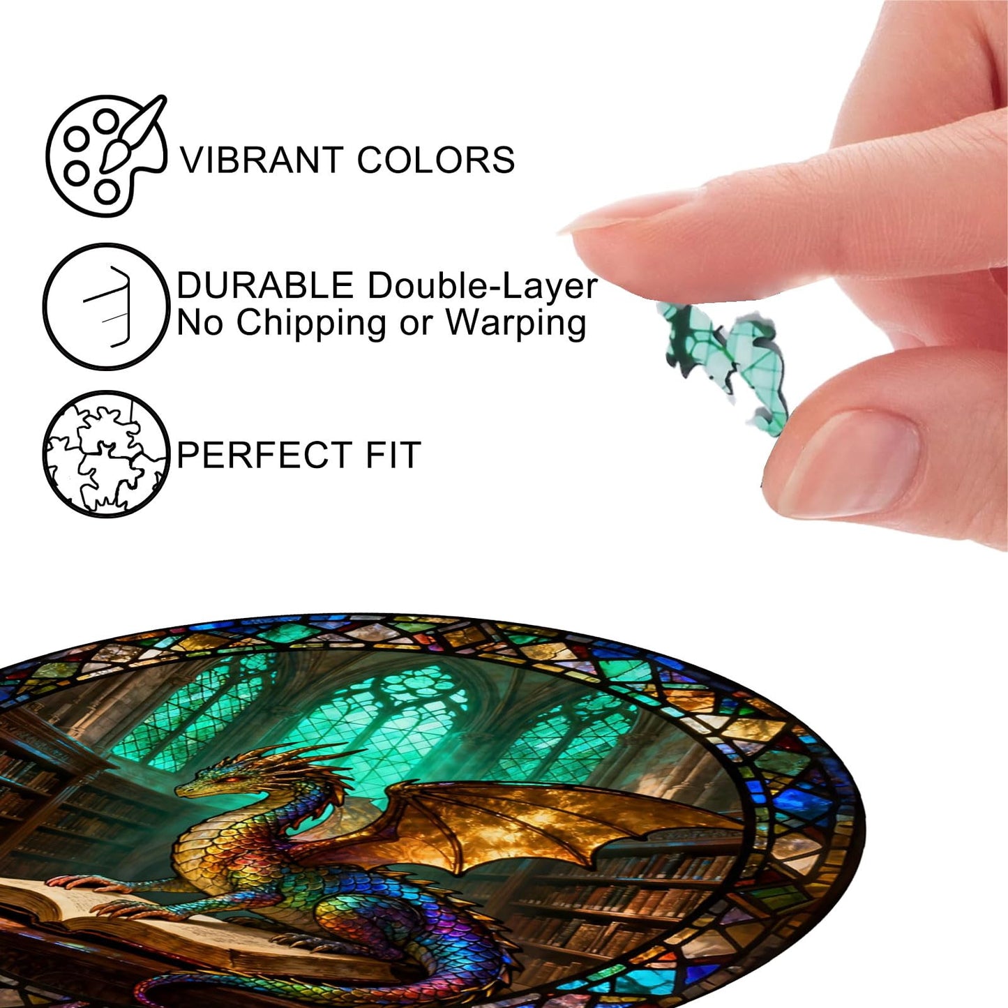 Gothic Revival Library Dragon Wooden Jigsaw Puzzle for Adults - 300 Pieces, 13.4" x 13.4" - Unique Dragon & Book Art, Creative Gift & Fun Family Game