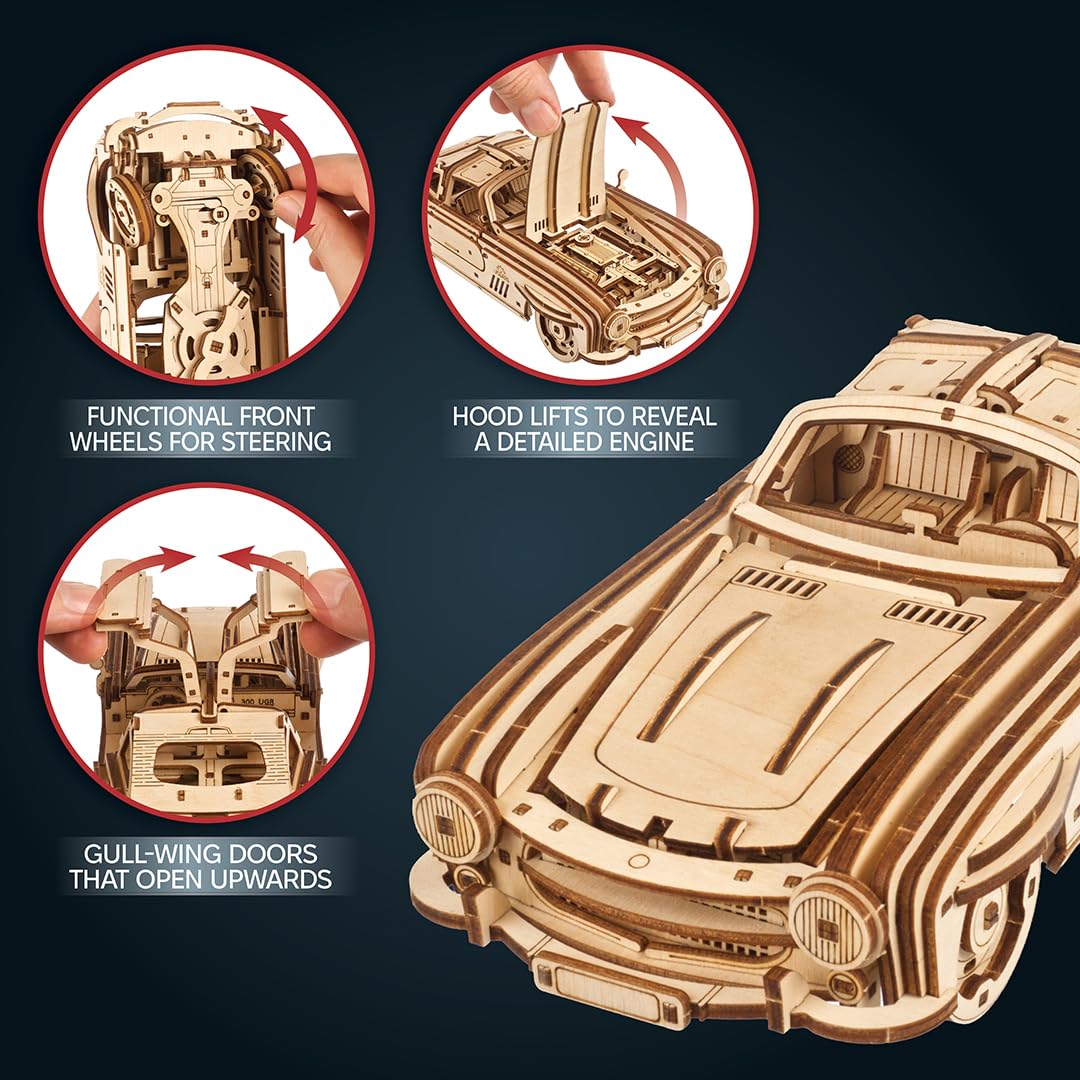 UGEARS Winged Sports Coupe Model Car Kit - 3D Wooden Puzzle Car –Model Kit for Adults to Build - DIY Wooden Car Model Kit with Authentic Gull-Wing Design Car Model