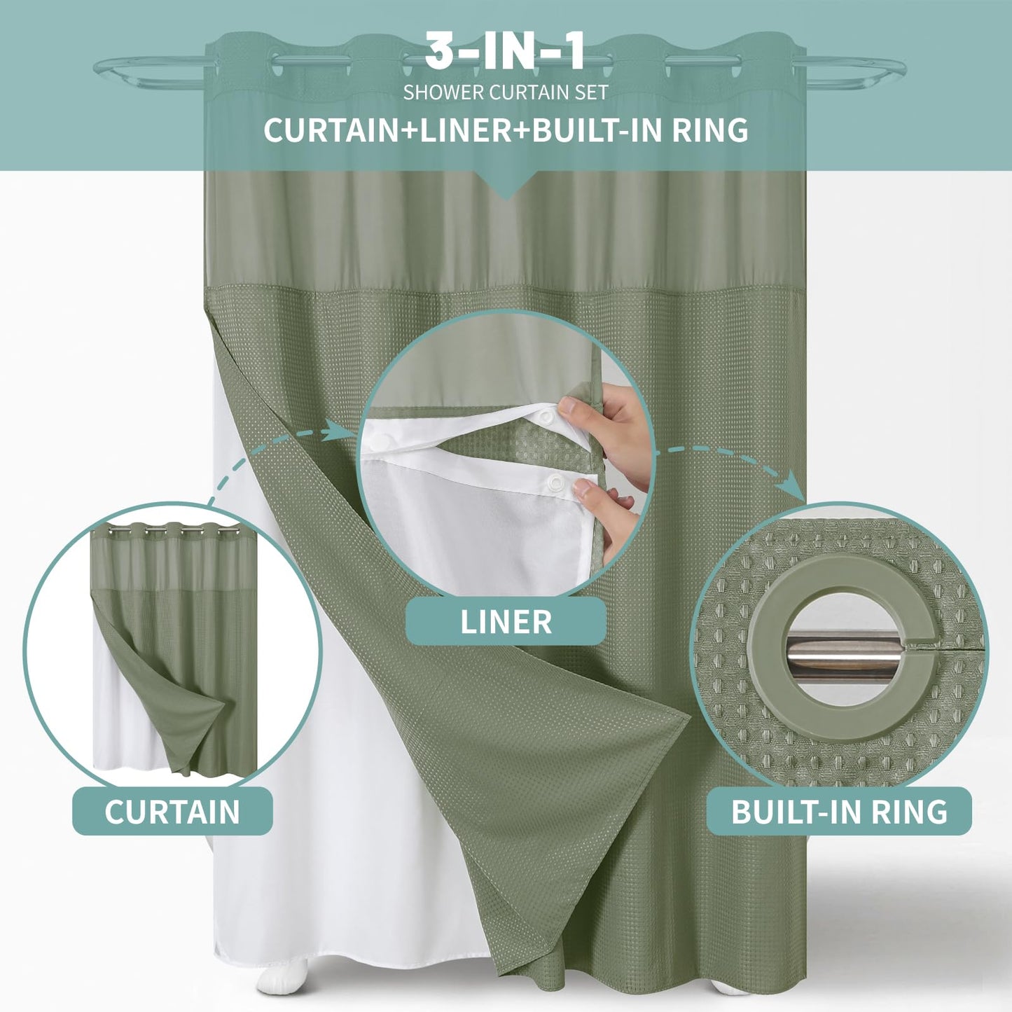 eachope SageGreen No Hook Waffle Weave Shower Curtain with snap-in Liner Replacement, 230GSM Waterproof Fabric Hotel Shower Curtain Set for Bathroom, Through Mesh Top Window,71Wx74H
