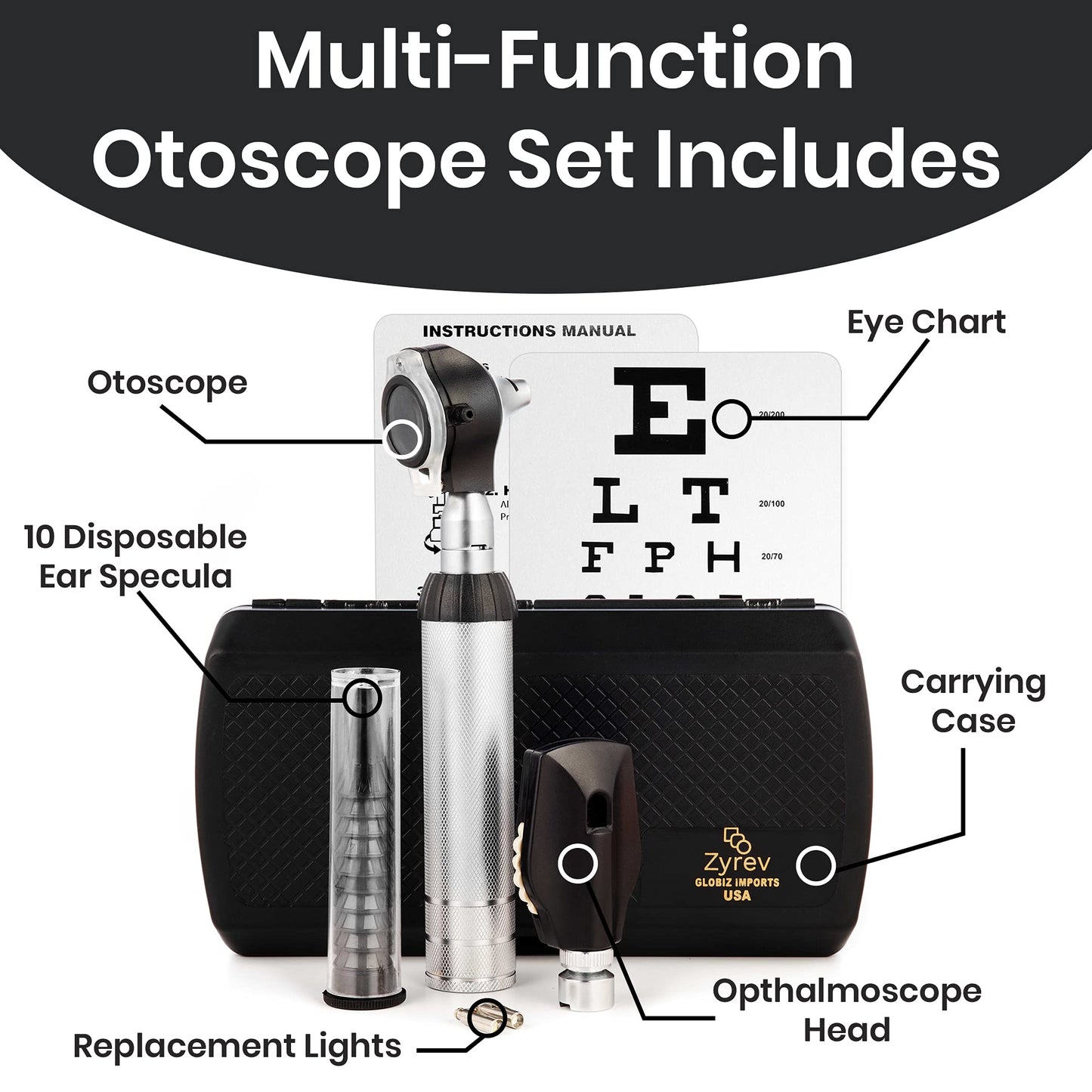 Zyrev Otoscope Oph Multi-Function Set - Otoscope/Opthalmoscope for Ear & Eye Examination - with Portable Carry Case, Sight Chart, Replacement Tips (Black)