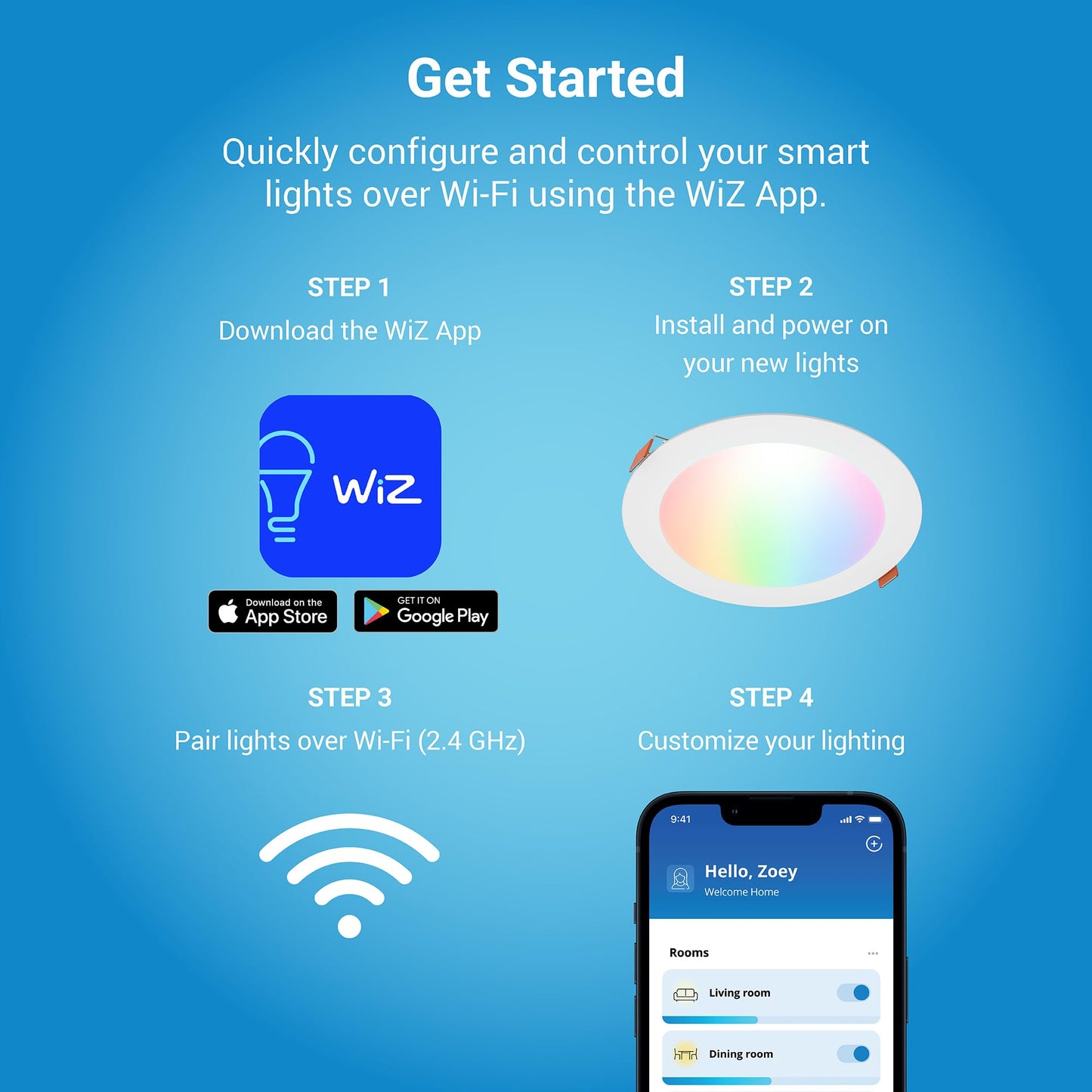 HALO 4” Smart Wi-Fi Slim Canless Recessed LED Downlight Powered by WiZ Pro, Dimmable Full Color with Smart Home Integration - HLB4069WZRGBWMWR