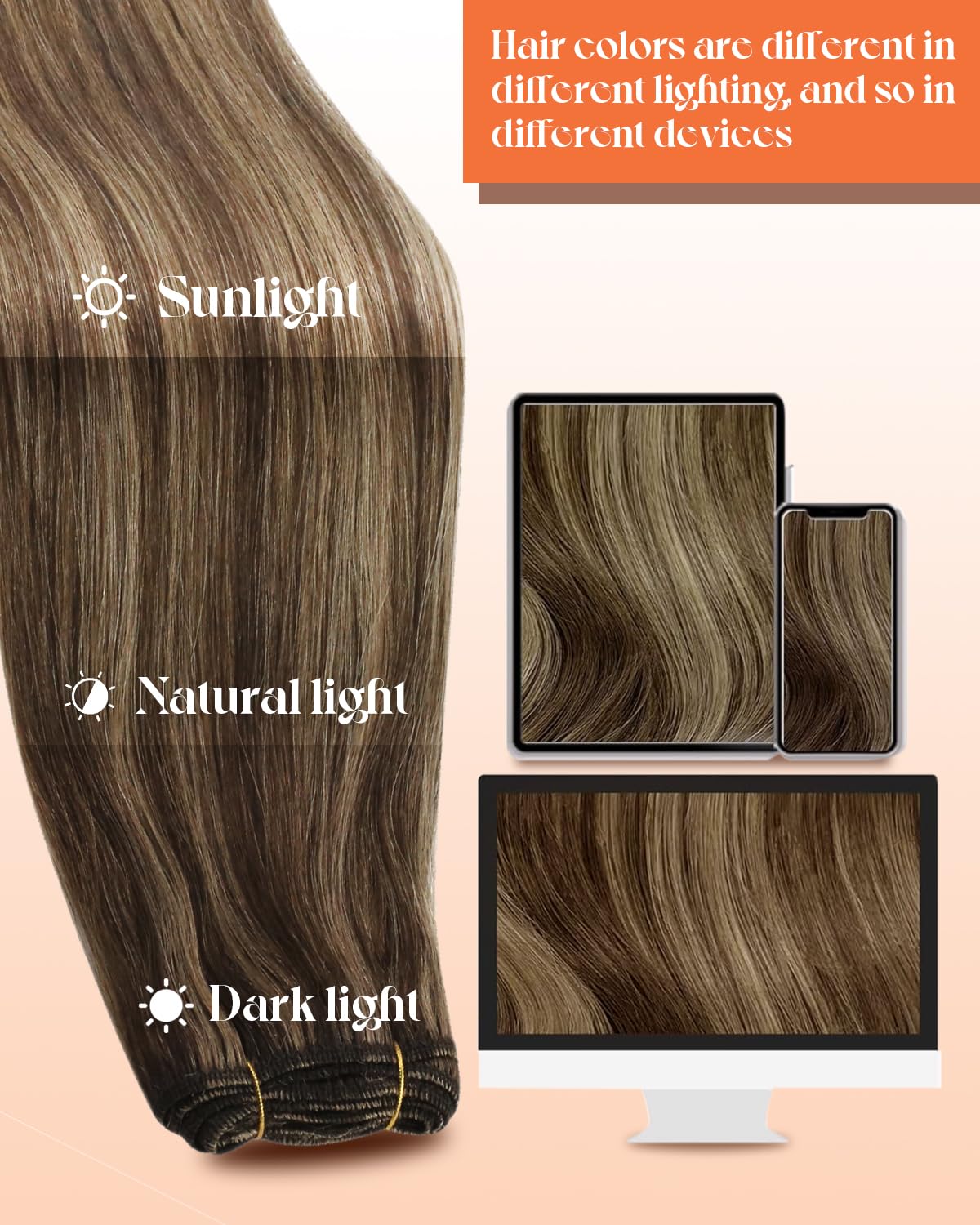 Sunny Weft Hair Extensions Dark Brown with Caramel Blonde Highlights Human Hair Sew in Extensions Brown Weft Hair Extensions Human Hair Brown Blonde Real Hair Bundle for Wedding 20inch 100g