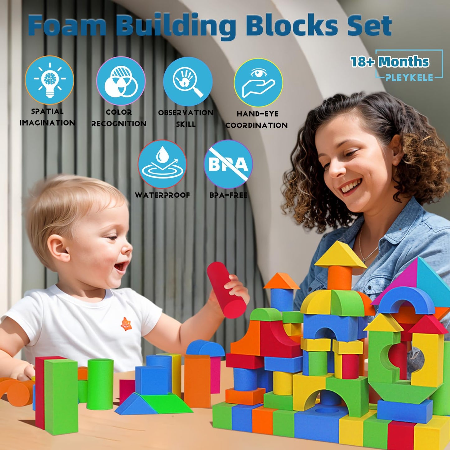 Pleykele Soft Building Blocks for Toddlers 2-4, 94PCS Foam Stacking Blocks Toys, Bath Toys for Kids, Preschool Learning STEM Toys & Gifts for Boys & Girls 18+ Months