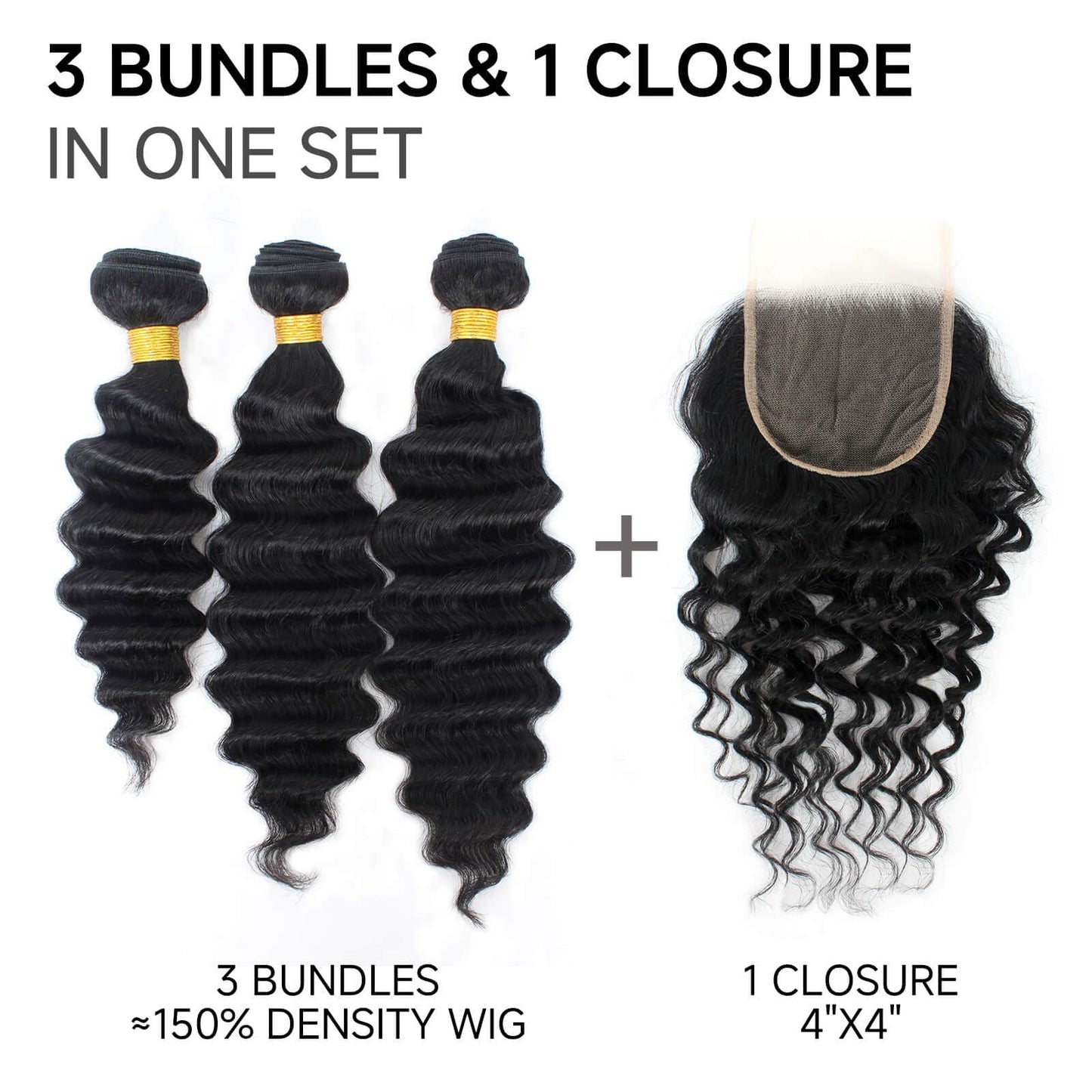 MOONBAY Loose Deep Wave Human Hair Bundles with Closure (20 22 24 + 16), 100% Unprocessed Virgin Brazilian Hair, 3 Bundles (80g/pc) with 4×4 Closure