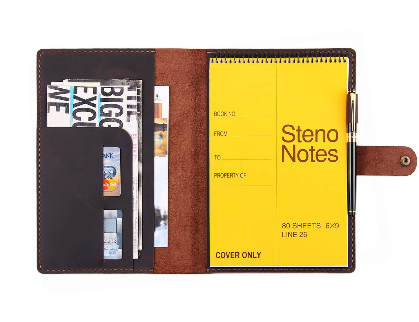 Robrasim Leather Cover for 6"x9" Steno Notebook, Leather Folio Cover Compatible with 6x9 Spiral Steno Pads, A5 Notebook Organizer with Pen Loop - Coffee