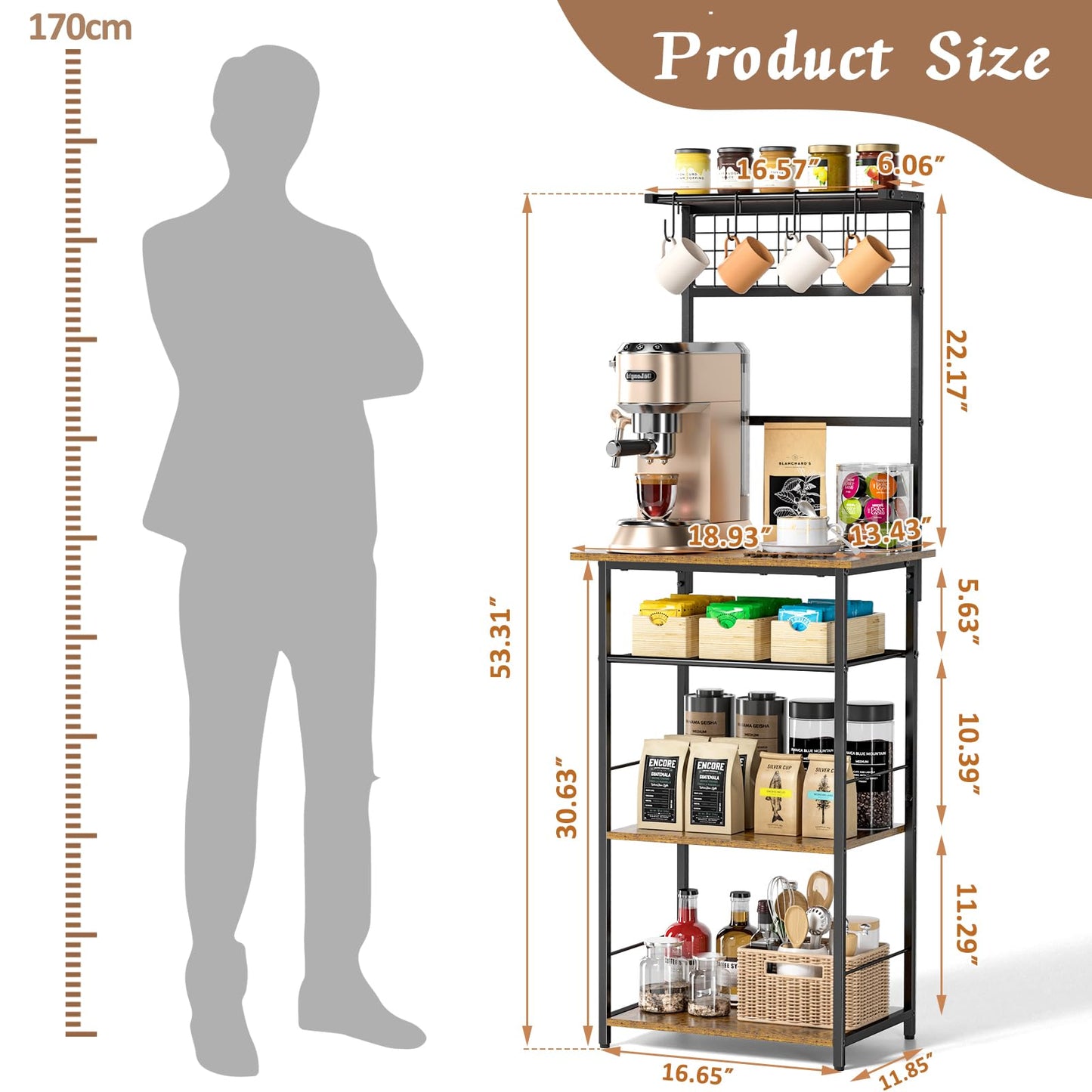 5 Tier Coffee Bar Station, Kitchen Stand with 4 S-Shaped Hooks, Farmhouse Corner Coffee Bar Cabinet for Small Spaces, Bakers Rack for Kitchen, Entryway, Living Room, 13.43" D x 18.93" W x 53.31" H