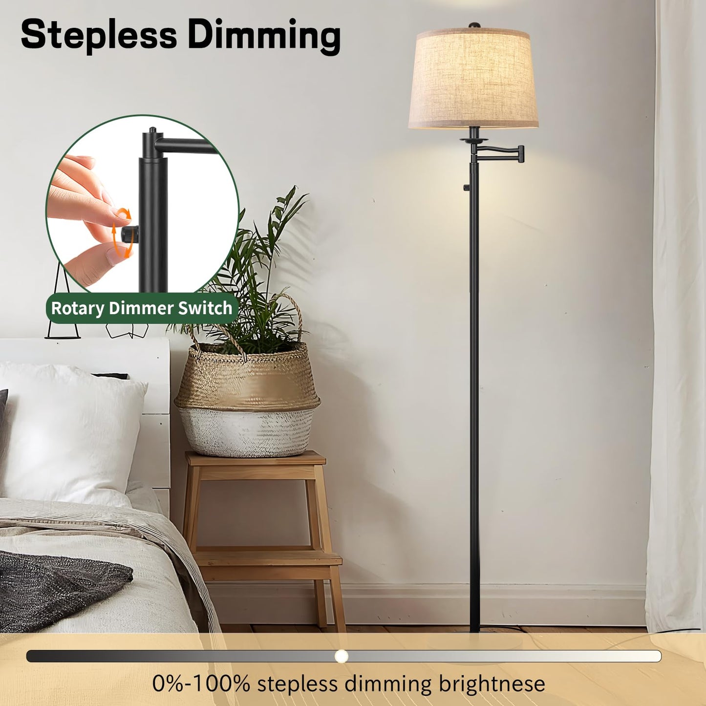Ruiever Dimmer LED Floor Lamp,Tall Standing Lamp with Swing Arm,Black Lamp with Dimmer LED Bulb,Elegant Floor Lamp for Living Rooms & Bedroom (Black)