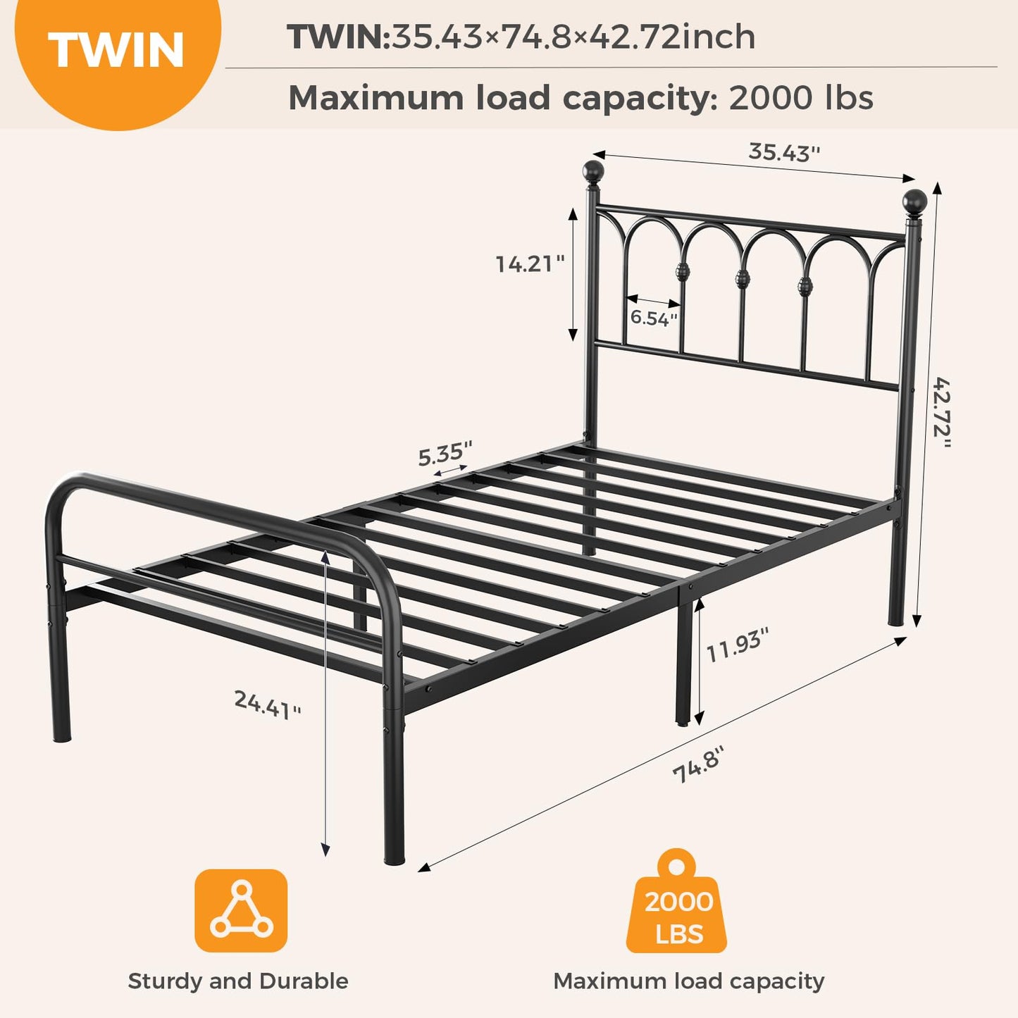 DUMOS Twin Bed Frame Metal Platform with 11.9" Under-Bed Storage, Heavy Duty Steel Slat Support and Iron-Art Headboard, No Box Spring Needed, Easy Assembly, Black