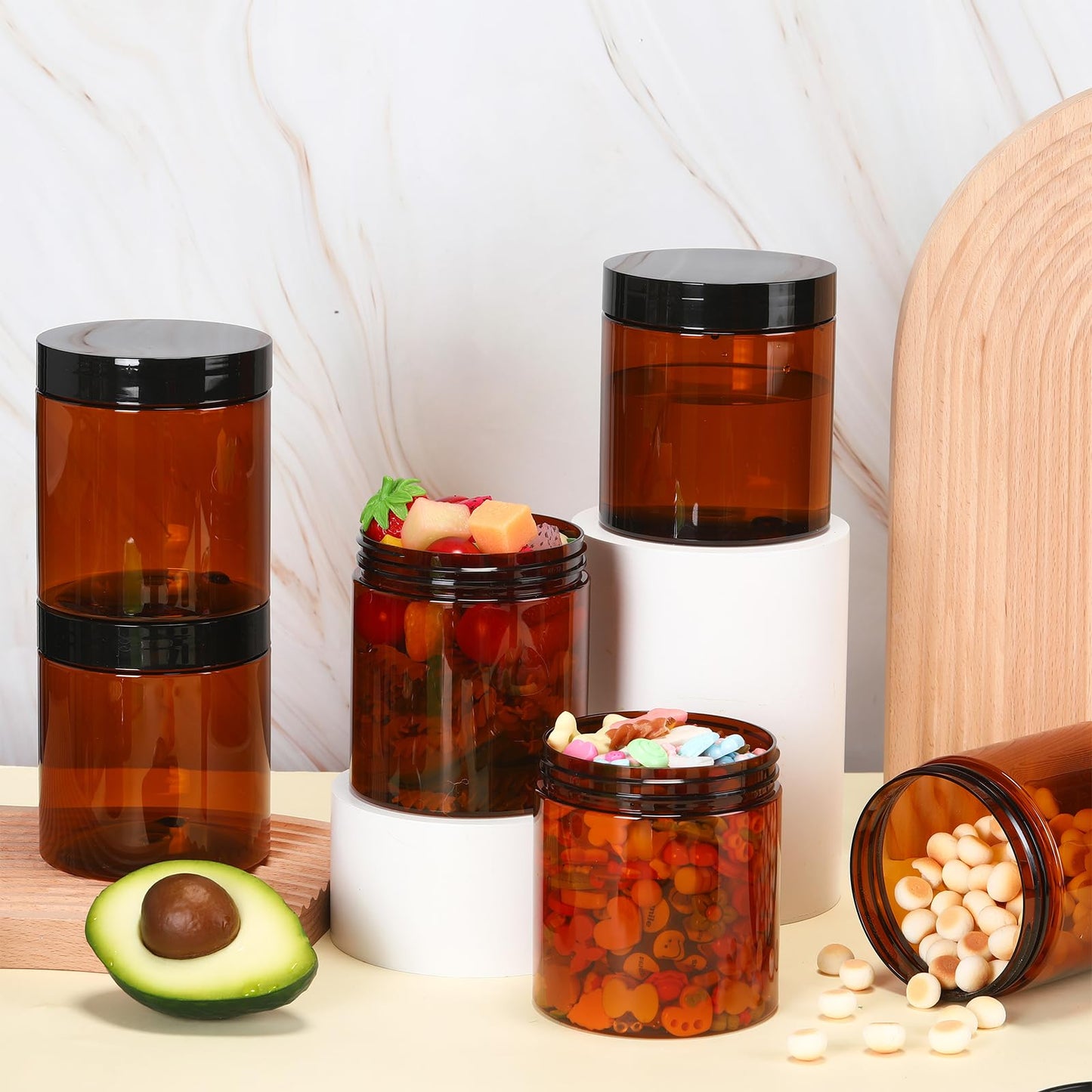 Tanlade 24 Pcs 16 oz Amber Plastic Jars with Lids Round Cosmetic Containers Leak Proof Refillable Empty Containers for Creams Lotion Body Butter Oil Ointments Powders Beauty Products Travel Storage