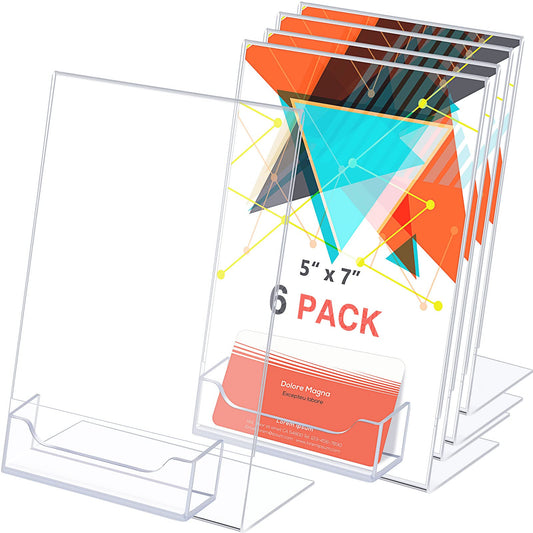 Crtiin 6 Pcs Acrylic Slanted Sign Holder with Business Card Holders Clear Display Stand Flyer Stand with Gift Card Holder for Office Table Advertisement Brochure (5 x 7 Inch,Side Insert)