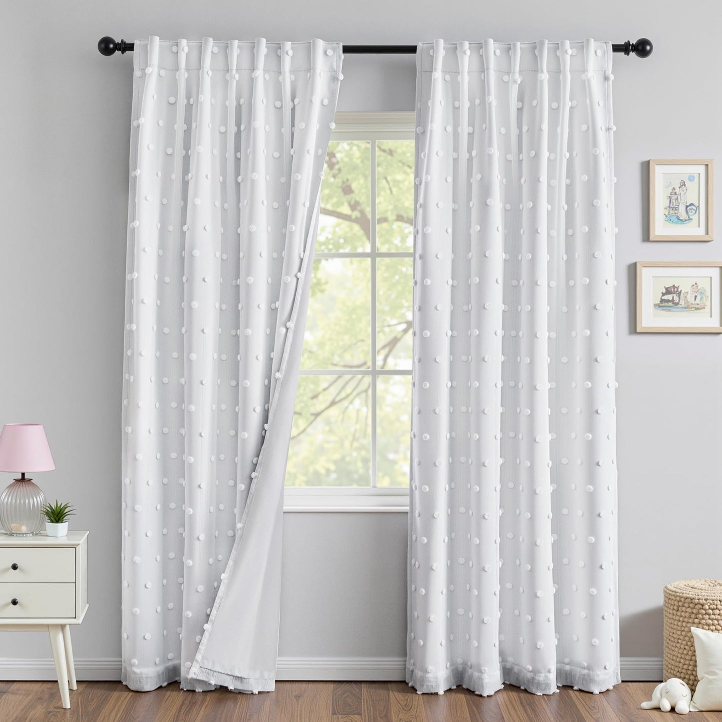 MYSKY HOME White Blackout Curtains for Bedroom 84 Inches Long 100% Light Blocking Drapes for Girls Kids Room Pom Pom Sheer Thermal Insulated Room Darkening Window Panels Back Tab Set of 2, 52W x 84L