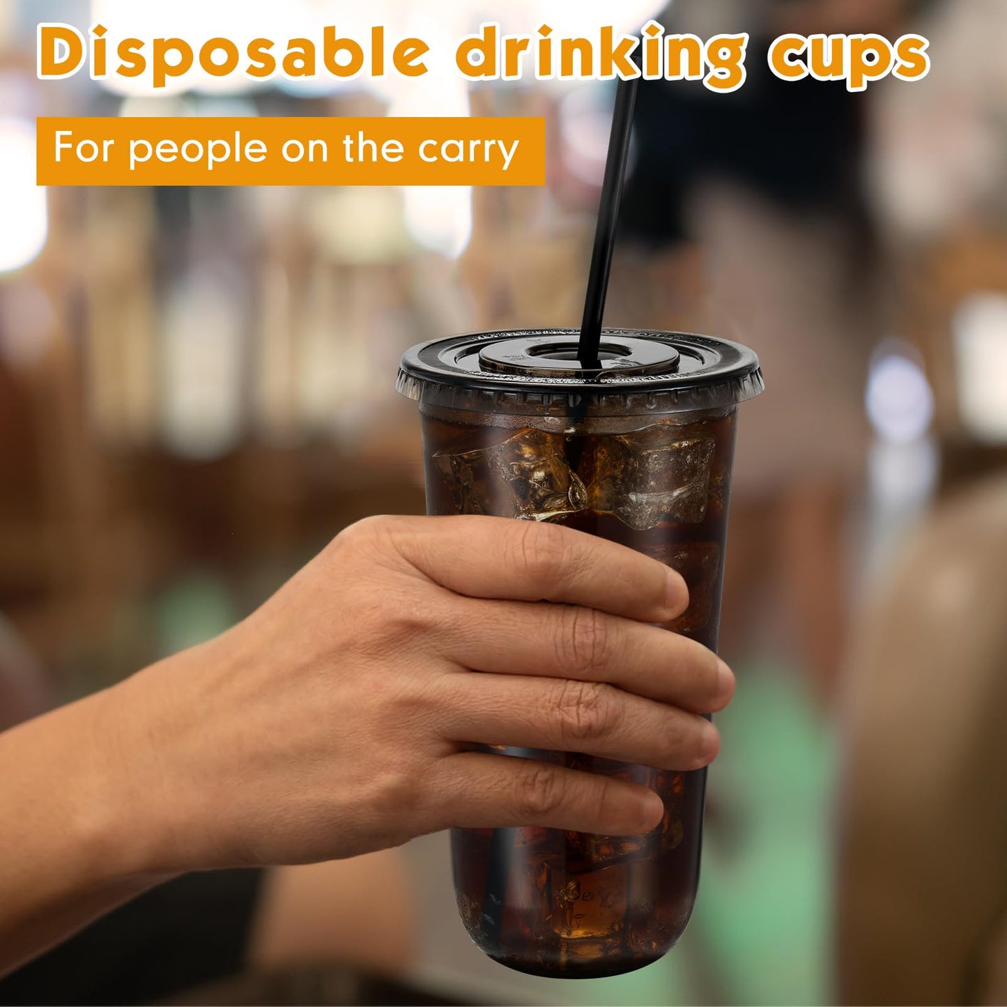 Ziliny 50 Set Clear Plastic Cups with Lids and Straws, PET Disposable Iced Coffee Cups for Drinking Cold Beverage Juice Parfait Smoothie Milkshake Shop Party Supplies (Black Cup & Straw,20 oz)