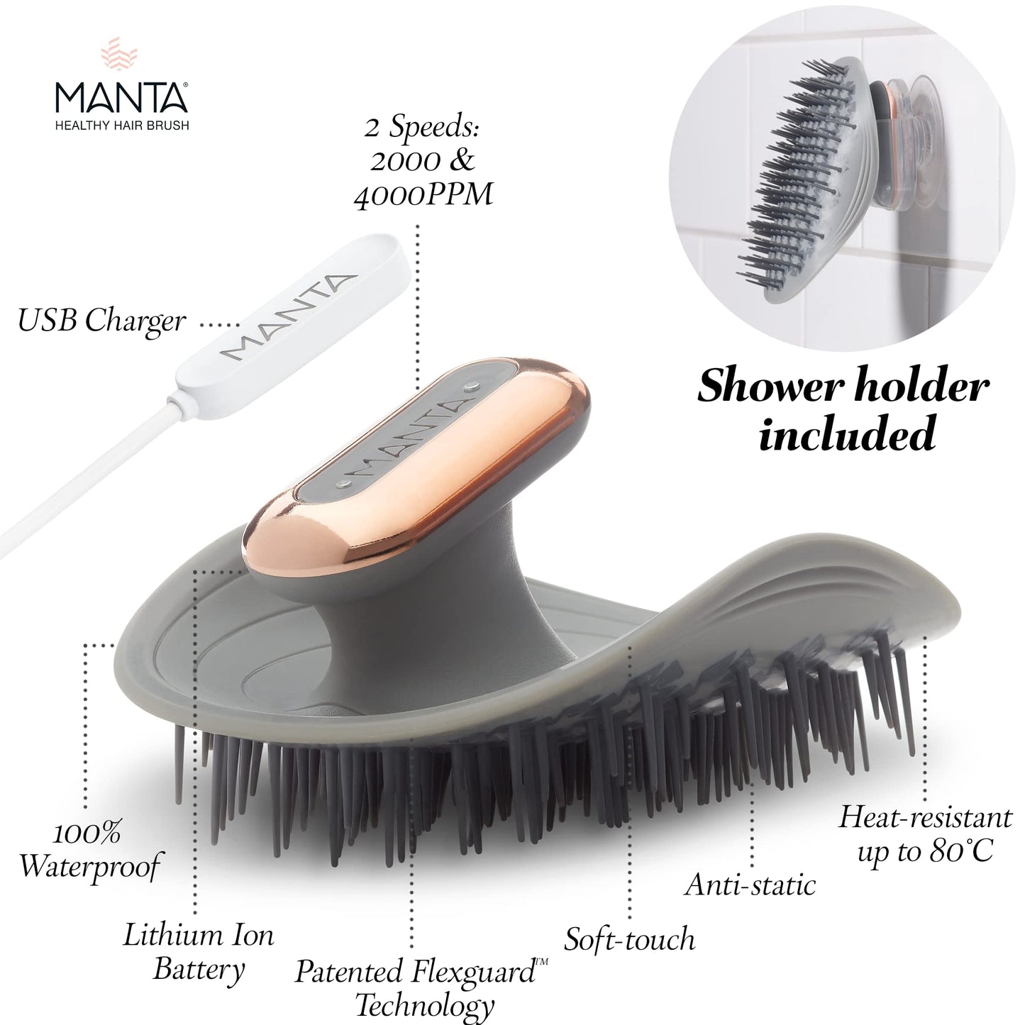 MANTA Pulse Electric Scalp Massager Shampoo Brush, Promotes Healthy Hair Growth, Head Scalp Scrubber, Hair Massager Scalp Exfoliation Brush, Use Dry or Wet, Waterproof Shower Brush for Hair, Grey